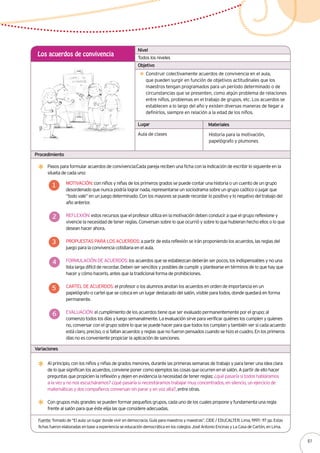 Variaciones
Procedimiento
Lugar Materiales
Todos los niveles
Los acuerdos de convivencia
Construir colectivamente acuerdos de convivencia en el aula,
que pueden surgir en función de objetivos actitudinales que los
maestros tengan programados para un período determinado o de
circunstancias que se presenten, como algún problema de relaciones
entre niños, problemas en el trabajo de grupos, etc. Los acuerdos se
establecen a lo largo del año y existen diversas maneras de llegar a
definirlos, siempre en relación a la edad de los niños.
Aula de clases
Nivel
Objetivo
Pasos para formular acuerdos de convivencia:Cada pareja reciben una ficha con la indicación de escribir lo siguiente en la
silueta de cada uno:
Historia para la motivación,
papelógrafo y plumones
Motivación: con niños y niñas de los primeros grados se puede contar una historia o un cuento de un grupo
desordenado que nunca podría lograr nada, representarse un sociodrama sobre un grupo caótico o jugar que
“todo vale” en un juego determinado. Con los mayores se puede recordar lo positivo y lo negativo del trabajo del
año anterior.
Reflexión: estos recursos que el profesor utiliza en la motivación deben conducir a que el grupo reflexione y
vivencie la necesidad de tener reglas. Conversan sobre lo que ocurrió y sobre lo que hubieran hecho ellos o lo que
desean hacer ahora.
Propuestas para los acuerdos: a partir de esta reflexión se irán proponiendo los acuerdos, las reglas del
juego para la convivencia cotidiana en el aula.
Formulación de acuerdos: los acuerdos que se establezcan deberán ser pocos, los indispensables y no una
lista larga difícil de recordar. Deben ser sencillos y posibles de cumplir y plantearse en términos de lo que hay que
hacer y cómo hacerlo, antes que la tradicional forma de prohibiciones.
Cartel de acuerdos: el profesor o los alumnos anotan los acuerdos en orden de importancia en un
papelógrafo o cartel que se coloca en un lugar destacado del salón, visible para todos, donde quedará en forma
permanente.
Evaluación: el cumplimiento de los acuerdos tiene que ser evaluado permanentemente por el grupo; al
comienzo todos los días y luego semanalmente. La evaluación sirve para verificar quiénes los cumplen y quienes
no, conversar con el grupo sobre lo que se puede hacer para que todos los cumplan y también ver si cada acuerdo
está claro, preciso, o si faltan acuerdos y reglas que no fueron pensados cuando se hizo el cuadro. En los primeros
días no es conveniente propiciar la aplicación de sanciones.
Al principio, con los niños y niñas de grados menores, durante las primeras semanas de trabajo y para tener una idea clara
de lo que significan los acuerdos, conviene poner como ejemplos las cosas que ocurren en el salón. A partir de ello hacer
preguntas que propicien la reflexión y dejen en evidencia la necesidad de tener reglas: ¿qué pasaría si todos habláramos
a la vez y no nos escucháramos? ¿qué pasaría si necesitáramos trabajar muy concentrados, en silencio, un ejercicio de
matemáticas y dos compañeros conversan sin parar y en voz alta?, entre otras.
Con grupos más grandes se pueden formar pequeños grupos, cada uno de los cuales propone y fundamenta una regla
frente al salón para que éste elija las que considere adecuadas.
Fuente: Tomado de “El aula: un lugar donde vivir en democracia. Guía para maestros y maestras”. CIDE / EDUCALTER. Lima, 1997.- 117 pp. Estas
fichas fueron elaboradas en base a experiencia se educación democrática en los colegios José Antonio Encinas y La Casa de Cartón, en Lima.
1
2
3
4
5
6
61
 
