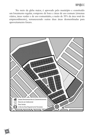 24
No meio da gleba maior, é aprovado pelo município e constituído
um loteamento regular, composto de lotes e áreas de uso comum (sistemas
viários, áreas verdes e de uso comunitário, a razão de 35% da área total do
empreendimento), remanescendo outras duas áreas desmembradas para
aproveitamento futuro.
 