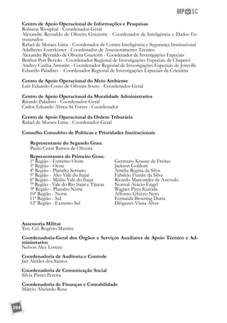 284
	 Representantes do Primeiro Grau:
	 1ª Região - Extremo Oeste		 Germano Krause de Freitas
	 3ª Região - Oeste		 	Jackson Goldoni
	 4ª Região - Planalto Serrano	 	Amélia Regina da Silva
	 5ª Região - Alto Vale do Itajaí	 	Fabrício Franke da Silva
	 6ª Região - Médio Vale do Itajaí		 Ricardo Marcondes de Azevedo
	 7ª Região - Vale do Rio Itajaí e Tijucas	 Norival Acácio Engel
		9ª Região - Planalto Norte		 Wagner Pires Kuroda
	 10ª Região - Norte			 Affonso Ghizzo Neto
	 11ª Região - Sul			 Fernanda Broering Dutra
	 12ª Região - Extremo Sul		 Diógenes Viana Alves
Assessoria Militar
Ten. Cel. Rogério Martins
Coordenadoria-Geral dos Órgãos e Serviços Auxiliares de Apoio Técnico e Ad-
ministrativo
Nelson Alex Lorenz
Coordenadoria de Auditoria e Controle
Jair Alcides dos Santos
Coordenadoria de Comunicação Social
Silvia Pinter Pereira
Coordenadoria de Finanças e Contabilidade
Márcio Abelardo Rosa
Centro de Apoio Operacional de Informações e Pesquisas
Robison Westphal - Coordenador-Geral
Alexandre Reynaldo de Oliveira Graziotin - Coordenador de Inteligência e Dados Es-
truturados
Rafael de Moraes Lima - Coordenador de Contra-Inteligência e Segurança Institucional
Adalberto Exterkötter - Coordenador de Assessoramento Técnico
Alexandre Reynaldo de Oliveira Graziotin - Coordenador de Investigações Especiais
Benhur Poti Betiolo - Coordenador Regional de Investigações Especiais de Chapecó
Andrey Cunha Amorim - Coordenador Regional de Investigações Especiais de Joinville
Eduardo Paladino - Coordenador Regional de Investigações Especiais de Criciúma
Centro de Apoio Operacional do Meio Ambiente
Luís Eduardo Couto de Oliveira Souto - Coordenador-Geral
Centro de Apoio Operacional da Moralidade Administrativa
Ricardo Paladino - Coordenador-Geral
Carlos Eduardo Abreu Sá Fortes - Coordenador
Centro de Apoio Operacional da Ordem Tributária
Rafael de Moraes Lima - Coordenador-Geral
Conselho Consultivo de Políticas e Prioridades Institucionais
	 Representante do Segundo Grau:
	 Paulo Cezar Ramos de Oliveira
 