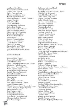 288
Adalberto Exterkötter
Giovanni Andrei Franzoni Gil
Wagner Pires Kuroda
Renee Cardoso Braga
Marcio André Zattar Cota
Cléber Augusto Hanisch
Roberta Mesquita e Oliveira Tauscheck
Andrea Gevaerd
Rafael Meira Luz
Ana Cristina Boni
Jorge Eduardo Hoffmann
Jadson Javel Teixeira
Cássio Antonio Ribas Gomes
Priscilla Linhares Albino
Marcelo de Tarso Zanellato
Fabrício Franke da Silva
Caroline Moreira Suzin
Luciana Uller
Cristine Angulski da Luz
Eduardo Chinato Ribeiro
André Teixeira Milioli
Marcionei Mendes
Fernanda Crevanzi Vailati
Victor Emendörfer Filho
João Alexandre Massulini Acosta
Entrância Inicial
Cristina Elaine Thomé
Luciana Schaefer Filomeno
Nilton Exterkoetter
Maria Cristina Pereira Cavalcanti Ribeiro
Silvana do Prado Brouwers
Luiz Mauro Franzoni Cordeiro
Cesar Augusto Engel
Carla Mara Pinheiro Miranda
Patricia Dagostin Tramontin
Lenice Born da Silva
Gláucio José Souza Alberton
Nataly Lemke
Lara Peplau
Fred Anderson Vicente
Luis Felipe de Oliveira Czesnat
André Braga de Araújo
Cláudio Everson Gesser Guedes da Fonseca
Tatiana Rodrigues Borges Agostini
Diógenes Viana Alves
Raul Gustavo Juttel
Belmiro Hanisch Júnior
Rodrigo Cunha Amorim
Ernest Kurt Hammerschmidt
Henrique da Rosa Ziesemer
Jean Pierre Campos
Guilherme Luis Lutz Morelli
Glauco José Riffel
Marcio Rio Branco Nabuco de Gouvêa
Eduardo Sens dos Santos
Samuel Dal-Farra Naspolini
Carlos Renato Silvy Teive
Fabiano Francisco Medeiros
Carlos Eduardo Cunha
Germano Krause de Freitas
Júlio Fumo Fernandes
Diego Rodrigo Pinheiro
Alexandre Estefani
Mônica Lerch Lunardi
Alessandro Rodrigo Argenta
Henrique Laus Aieta
Fernanda Broering Dutra
Caroline Cristine Eller
Mirela Dutra Alberton
Arthur Koerich Inacio
Elaine Rita Auerbach
Felipe Prazeres Salum Müller
Marcelo Sebastião Netto de Campos
Maycon Robert Hammes
Roberta Magioli Meirelles
Aline Dalle Laste
Larissa Mayumi Karazawa Takashima Ouriques
Graziele dos Prazeres Cunha
Eder Cristiano Viana
Débora Pereira Nicolazzi
Marcio Gai Veiga
Caroline Sartori Velloso
Andréia Soares Pinto Favero
Barbara Elisa Heise
Anderson Adilson de Souza
Márcia Denise Kandler Bittencourt Massaro
Kariny Zanette Vitoria
Giselli Dutra
Chimelly Louise de Resenes Marcon
Rejane Gularte Queiroz Beilner
Marina Modesto Rebelo
Ivanize Souza de Oliveira
Regina Kurschus
Cristiane Maria Bertolin Polli
Andreza Borinelli
Claudine Vidal de Negreiros da Silva
Gabriel Ricardo Zanon Meyer
Greicia Malheiros da Rosa
Guilherme Schmitt
Luciana Cardoso Pilati
Daniel Granzotto Nunes
Caroline Cabral
Rodrigo Andrade Viviani
Candida Antunes Ferreira
Promotores de Justiça Substitutos
 