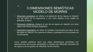 z
3 DIMENSIONES SEMIÓTICAS
MODELO DE MORRIS
 Dimensión semántica: se refiere a la aplicación de los signos en relación
co...