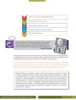 Lectura en voz alta a cargo del docente
                                             1
                                                     Círculo de lectores en el aula
                                             2

                                                     Lectura de cinco libros en casa
                                             3
                                                     Lectores invitados al salón de clases
                                             4
                                                     Índice lector del grupo
                                             5




                            “De los diversos instrumentos inventados por el hombre,
                            el más asombroso es, sin duda el libro. Los demás son
                            extensiones de su cuerpo… Pero el libro es otra cosa: el
                            libro es una extensión de la memoria y de la imaginación”.
                                                                     Jorge Luis Borges.




                        Es muy importante tener en cuenta que la lectura debe convertirse en un hábito placentero,
                        por ello debemos fomentar en las niñas y niños el gusto por la lectura. Gerardo Cirianni y
                        Luz María Peregrina, en su libro: “Rumbo a la Lectura”, comentan que:

                        “La fantasía más importante de los niños que ingresan a la escuela primaria es aprender
                        a leer y escribir bien, hacerlo es una manera de ampliar sus horizontes emocionales,
                        sus maneras de vincularse con los adultos de su entorno.” (Gerardo Cirianni y Luz María
                        Peregrina, 2004: 39-40). Por ello debemos tomar en cuenta que podemos lograrlo:


                           Mediante textos que engloban realidad y ficción, documentos y narraciones, lengua
                           e imagen, códigos culturales varios y estructuras simbólicas estables, los niños
                           van descubriendo poco a poco cuántos goces y penas hay en el mundo, cuántas
                           maravillas y cuántos peligros, pero también cuántos conocimientos por adquirir,
                           cuántos enigmas o misterios por entender, cuántos seres humanos por descubrir.
                           La literatura es un recurso inagotable, proporciona palabras que permiten una
                           representación del mundo […] La capacidad del niño lector para leer solo le aporta
                           un vocabulario más rico, aguza su capacidad de análisis y contribuye a sus logros.
                           (Chartier Anne, 2009:27)




Dirección General de Formación Continua de Maestros en Servicio   166
 