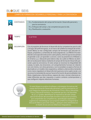 BLOQUE SEIS
                     CAMPO DE FORMACIÓN: DESARROLLO PERSONAL Y PARA LA CONVIVENCIA


                    CONTENIDOS               VI.1. Fundamentación del campo de formación: Desarrollo personal y
                                                   para la convivencia.
                                             VI.2. Enfoques del campo y las competencias para la vida.
                                             VI.3. Planificación y evaluación.



                    TIEMPO                   11:30 horas




                    DESCRIPCIÓN            Con el propósito de favorecer el desarrollo de las competencias para la vida
                                           y el logro del perfil de egreso, en el marco de la Reforma Integral de la Edu-
                                           cación Básica se han configurado campos de formación que articulan en-
                                           foques, propósitos y contenidos de varias asignaturas. La UNESCO ha esta-
                                           blecido como ejes de la educación cuatro pilares, entre los que se encuentran
                                           el aprender a ser y el aprender a convivir, como se presentó en el Módulo 1
                                           en el tema 1.5.1. Educación para toda la vida, los cuales en México se atien-
                                           den en la educación básica mediante el campo de formación Desarrollo per-
                                           sonal y para la convivencia. En este campo se reconoce la integralidad del
                                           cuerpo, la razón, las emociones y el comportamiento humano en relación
                                           con uno mismo, con otras personas y con la sociedad; se aspira a formar al
                                           alumnado en un modelo más cooperativo, solidario y democrático teniendo
                                           como marco regulatorio el desarrollo de la persona como sujeto social; y se
                                           reconoce la necesidad de avanzar hacia la formación de personalidades más
                                           libres, respetuosas y democráticas, capaces de crear y recrear relaciones so-
                                           ciales diferentes que den respuesta a nuestro contexto contemporáneo y
                                           que configuren mejores relaciones humanas.



                                              En este bloque se analiza el enfoque y estrategias formativas del
                                              campo de formación Desarrollo personal y para la convivencia, el
                                             cual integra las asignaturas de Formación Cívica y Ética, Educación
                                               Física y Educación Artística. Se pretende que las y los docentes
                                                 de 3º y 4º grados identifiquen la importancia de este campo
                                               para la formación del alumnado durante su educación primaria,
                                                que comprendan las competencias, aprendizajes esperados y
                                             sugerencias metodológicas que propone la Reforma Integral de la
                                             Educación Básica para este campo, y apliquen estos elementos en
                                                       el diseño de secuencias didácticas integradoras.




Dirección General de Formación Continua de Maestros en Servicio   170
 