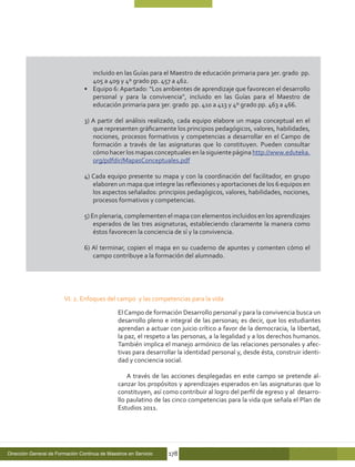 incluido en las Guías para el Maestro de educación primaria para 3er. grado pp.
                                    405 a 409 y 4º grado pp. 457 a 462.
                                 •	 Equipo 6: Apartado: “Los ambientes de aprendizaje que favorecen el desarrollo
                                    personal y para la convivencia”, incluido en las Guías para el Maestro de
                                    educación primaria para 3er. grado pp. 410 a 413 y 4º grado pp. 463 a 466.

                                 3) A partir del análisis realizado, cada equipo elabore un mapa conceptual en el
                                    que representen gráficamente los principios pedagógicos, valores, habilidades,
                                    nociones, procesos formativos y competencias a desarrollar en el Campo de
                                    formación a través de las asignaturas que lo constituyen. Pueden consultar
                                    cómo hacer los mapas conceptuales en la siguiente página http://www.eduteka.
                                    org/pdfdir/MapasConceptuales.pdf

                                 4) Cada equipo presente su mapa y con la coordinación del facilitador, en grupo
                                    elaboren un mapa que integre las reflexiones y aportaciones de los 6 equipos en
                                    los aspectos señalados: principios pedagógicos, valores, habilidades, nociones,
                                    procesos formativos y competencias.

                                 5) En plenaria, complementen el mapa con elementos incluidos en los aprendizajes
                                     esperados de las tres asignaturas, estableciendo claramente la manera como
                                     éstos favorecen la conciencia de sí y la convivencia.

                                 6) Al terminar, copien el mapa en su cuaderno de apuntes y comenten cómo el
                                    campo contribuye a la formación del alumnado.




                        VI. 2. Enfoques del campo y las competencias para la vida

                                               El Campo de formación Desarrollo personal y para la convivencia busca un
                                               desarrollo pleno e integral de las personas; es decir, que los estudiantes
                                               aprendan a actuar con juicio crítico a favor de la democracia, la libertad,
                                               la paz, el respeto a las personas, a la legalidad y a los derechos humanos.
                                               También implica el manejo armónico de las relaciones personales y afec-
                                               tivas para desarrollar la identidad personal y, desde ésta, construir identi-
                                               dad y conciencia social.

                                                   A través de las acciones desplegadas en este campo se pretende al-
                                               canzar los propósitos y aprendizajes esperados en las asignaturas que lo
                                               constituyen, así como contribuir al logro del perfil de egreso y al desarro-
                                               llo paulatino de las cinco competencias para la vida que señala el Plan de
                                               Estudios 2011.




Dirección General de Formación Continua de Maestros en Servicio   178
 