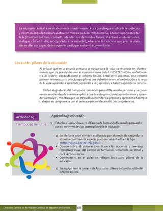 La educación entraña inevitablemente una dimensión ética puesto que implica la respetuosa
              y desinteresada dedicación al otro con miras a su desarrollo humano. Educar supone aceptar
              la legitimidad del niño, cuidarlo, atender sus demandas físicas, afectivas e intelectuales,
              dialogar con él o ella, incorporarlo a la sociedad, ofrecerle los apoyos que precisa para
              desarrollar sus capacidades y poder participar en la vida comunitaria.




          Los cuatro pilares de la educación
                                  Al señalar que en la escuela primaria se educa para la vida, se reconoce un plantea-
                                  miento que ya se establecía en el clásico informe de la UNESCO “La Educación Encie-
                                  rra un Tesoro”, conocido como el Informe Delors. Entre otros aspectos, este informe
                                  pone en relieve cuatro principios o pilares que deberían orientar la educación a lo largo
                                  de la vida: aprender a aprender, aprender a ser, aprender a hacer y aprender a convivir.

                                     En las asignaturas del Campo de formación para el Desarrollo personal y la convi-
                                  vencia se atienden de manera explícita dos de estos principios (aprender a ser y apren-
                                  der a convivir), mientras que los otros dos (aprender a aprender y aprender a hacer) se
                                  trabajan en congruencia con el enfoque para el desarrollo de competencias.




           Actividad 67                      Aprendizaje esperado

           Tiempo: 90 minutos                •	 Establece la relación entre el Campo de formación Desarrollo personal y
                                                para la convivencia y los cuatro pilares de la educación.

                                                 1)	 En plenaria vean el video elaborado por alumnos de secundaria
                                                     sobre la convivencia escolar pueden consultarlo en la liga
                                                     <http://youtu.be/crLHNZ9arvE>.
                                                 •	 Opinen sobre el video e identifiquen las nociones y procesos
                                                     formativos clave del Campo de formación Desarrollo personal y
                                                     para la convivencia.
                                                 •	 Comenten si en el video se reflejan los cuatro pilares de la
                                                     educación.

                                                 2)	 En equipo lean la síntesis de los cuatro pilares de la educación del
                                                     informe Delors.




Dirección General de Formación Continua de Maestros en Servicio   186
 