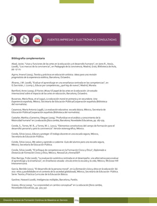 FUENTES IMPRESAS Y ELECTRÓNICAS CONSULTADAS




        Bibliografía complementaria

        Abad, Javier, “Usos y funciones de las artes en la educación y el desarrollo humano”, en Jares R., Xesús,
        (2008), “Los marcos de la convivencia”, en Pedagogía de la convivencia, Madrid, Graó, Biblioteca de Aula,
        pp. 17-21.

        Agirre, Imanol (2005), Teorías y prácticas en educación artística. Ideas para una revisión
        pragmatista de la experiencia estética, Barcelona, Octaedro.

        Álvarez, J.M. (2008), “Evaluar el aprendizaje en una enseñanza centrada en las competencias”, en
        G.Sacristán, J. (comp.), Educar por competencias, ¿qué hay de nuevo?, Madrid, Morata.

        Bamford, Anne (2009), El Factor ¡Wuau! El papel de las artes en la educación. Un estudio
        Internacional sobre el impacto de las artes en educación, Barcelona, Octaedro.

        Buxarrais, María Rosa, et al (1997), La educación moral en primaria y en secundaria. Una
        Experiencia española, México, Secretaría de Educación Pública/Cooperación española (Biblioteca
        del normalista).

        Casanova, María Antonia (1998), La evaluación educativa: escuela básica, México, Secretaría de
        Educación Pública/Cooperación española (Biblioteca del normalista).

        Castañer, Martha y Camerino, Oleguer (2009), “Profundizar en el análisis y conocimiento de la
        Motricidad humana” en La educación física cambia, Barcelona, Novedades Educativas, pp. 167-179.

        Conde, S., Torres, M. R., y Torres, M. L. (2011), “Elementos constitutivos del campo de formación para el
        desarrollo personal y para la convivencia”. Versión estenográfica, México.

        Conde, Silvia (2011), Educar y proteger. El trabajo docente en una escuela segura, México,
        Secretaría de Educación Pública.

        Conde, Silvia (2011), Me valoro y aprendo a cuidarme. Guía del alumno para una escuela segura,
        México, Secretaría de Educación Pública.

        Conde, Silvia (2008), “El enfoque de competencias en la Formación Cívica y Ética”, Diplomado a
        Distancia de Formación Cívica y Ética, México, Nexos/Cal y Arena/SEP.

        Díaz Barriga, Frida (2006), “La evaluación auténtica centrada en el desempeño: una alternativa para evaluar
        el aprendizaje y la enseñanza”, en Enseñanza situada: vínculo entre la escuela y la vida, México, McGraw-Hill
        Interamericana.

        García, Benilde (2011), “El desarrollo de la persona moral”, en La formación cívica y ética en la educación bá-
        sica: retos y posibilidades en el contexto de la sociedad globalizada, México, Secretaría de Educación Pública.
        Serie: Teoría y Práctica Curricular de la Educación Básica.

        Gardner, Haward (2008), Inteligencias múltiples, Barcelona, Paidós.

        Grasso, Alicia (2009), “La corporeidad un cambio conceptual” en La educación física cambia,
        Novedades Educativas, pp. 305-317.




Dirección General de Formación Continua de Maestros en Servicio           214
 