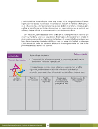 y reflexionado de manera formal sobre este asunto; no se han promovido suficientes
                              organizaciones locales, regionales o nacionales que ataquen de frente a este flagelo, y
                              en la educación no podemos mantenernos ajenos. Deben desarrollarse iniciativas para
                              explicar a los niños de qué trata este asunto y sus repercusiones, que a partir de sus
                              valores y el desarrollo de su pensamiento crítico combatan este cáncer.

                                 Será necesario, como sociedad tomar cartas en el asunto para iniciar acciones que
                              observen, impidan y sancionen las prácticas de corrupción. Para aspirar a un estado de
                              derecho pleno, democrático, justo, cimentar las bases de una sociedad que se rija por sus
                              leyes, la meritocracia y el principio del bien común por sobre el individual, la educación
                              y concientización sobre los perversos efectos de la corrupción debe ser una de las
                              principales tareas a realizar con los niños.



                                                                                                    Primera parte
         Actividad 41                      Aprendizaje esperado

         Tiempo: 60 minutos                •	 Comprende los efectos nocivos de la corrupción a través de un
                                              ejercicio de reflexión y proyección.	

                                           1) En equipos de cuatro a cinco integrantes, completen la tabla
                                           siguiente, describiendo un acto de corrupción que les haya
                                           ocurrido, sepan que existe o imaginen que sucede en nuestro país.


                  Acto de                  Agentes             Posibles        Causas que        Consecuencias del
                 corrupción              involucrados        medidas para    promovieron o        acto para el bien
                                                              impedirlo     facilitaron que se       colectivo
                                                                            produjera el acto




Dirección General de Formación Continua de Maestros en Servicio    30
 