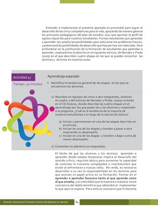 Entender e implementar el presente apartado es primordial para lograr el
                                     desarrollo de las cinco competencias para la vida, apoyando de manera general
                                     los principios pedagógicos del plan de estudios 2011 que apuntan al perfil de
                                     egreso requerido para nuestros estudiantes. Formar estudiantes que aprendan
                                     a aprender nos amplía las posibilidades para solucionar los problemas futuros,
                                     y potenciará las posibilidades de desarrollo que hoy por hoy son reducidas. Para
                                     profundizar en la justificación de la formación de estudiantes que aprendan a
                                     aprender; analizaremos lo descrito en el siguiente artículo, de Narváez y Prada
                                     (2005) en el que describen cuatro etapas en las que se pueden encontrar las
                                     alumnas y alumnos en nuestras aulas.




         Actividad 47                      Aprendizaje esperado

         Tiempo: 40 minutos               •	 Identifica la tendencia general de las etapas en las que se
                                             encuentran los alumnos.


                                              1)	 Reunidos en equipos de cinco a seis integrantes, analicen
                                                  el cuadro 2 del artículo de Narváez y Prada (2005) incluido
                                                  en el CD Anexos, donde describe las cuatro etapas en el
                                                  aprendizaje por las que pasan las y los alumnos y respondan
                                                  a la pregunta: ¿Cuál es la tendencia de la mayoría de
                                                  nuestros estudiantes a lo largo de la educación básica?

                                                      a)	 Inician y permanecen en una de las etapas descritas en
                                                          el artículo.
                                                      b)	 Inician en una de las etapas y tienden a pasar a otra
                                                          mejorando su desempeño.
                                                      c)	 Inician en una de las etapas y tienden a bajar a otra de
                                                          menor desempeño.

                                              2)	 Comenten en plenaria sus respuestas.

                                                  El hecho de que las alumnas y los alumnos aprendan a
                                                  aprender desde edades tempranas implica el desarrollo del
                                                  sentido crítico, requisito básico para aumentar la capacidad
                                                  de controlar la creciente complejidad e incertidumbre que
                                                  existe al enfrentarse a nuevos retos. Por ende, es necesario
                                                  desarrollar a su vez la responsabilidad en los alumnos para
                                                  que asuman un papel activo en su formación. Formar en el
                                                  aprender a aprender favorece tanto al que aprende como
                                                  al que enseña, y es ineludible que la maestra o maestro tome
                                                  conciencia del doble beneficio que obtendrá al implementar
                                                  lo que aquí se expone. Para esto es necesario que el docente



Dirección General de Formación Continua de Maestros en Servicio   84
 