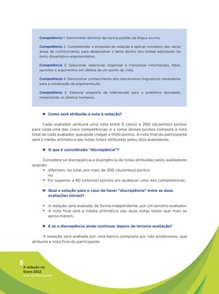 Competência 1: Demonstrar domínio da norma padrão da língua escrita.

             Competência 2: Compreender a proposta de redação e aplicar conceitos das várias
             áreas de conhecimento, para desenvolver o tema dentro dos limites estruturais do
             texto dissertativo-argumentativo.

             Competência 3: Selecionar, relacionar, organizar e interpretar informações, fatos,
             opiniões e argumentos em defesa de um ponto de vista.

             Competência 4: Demonstrar conhecimento dos mecanismos linguísticos necessários
             para a construção da argumentação.

             Competência 5: Elaborar proposta de intervenção para o problema abordado,
             respeitando os direitos humanos.



               u	Como será atribuída a nota à redação?

              Cada avaliador atribuirá uma nota entre 0 (zero) e 200 (duzentos) pontos
        para cada uma das cinco competências, e a soma desses pontos comporá a nota
        total de cada avaliador, que pode chegar a 1000 pontos. A nota final do participante
        será a média aritmética das notas totais atribuídas pelos dois avaliadores.

               u	 que é considerado “discrepância”?
                 O

             Considera-se discrepância a divergência de notas atribuídas pelos avaliadores
        quando:
             ƒƒdiferirem, no total, por mais de 200 (duzentos) pontos
                ou
             ƒƒfor superior a 80 (oitenta) pontos em qualquer uma das competências.

               u	Qual a solução para o caso de haver “discrepância” entre as duas
                 avaliações iniciais?

               ƒƒA redação será avaliada, de forma independente, por um terceiro avaliador.
               ƒƒA nota final será a média aritmética das duas notas totais que mais se
                   aproximarem.

               u	 se a discrepância ainda continuar depois da terceira avaliação?
                 E

              A redação será avaliada por uma banca composta por três professores, que
        atribuirá a nota final do participante.




8A redação no
  Enem 2012
  Guia do Participante
 