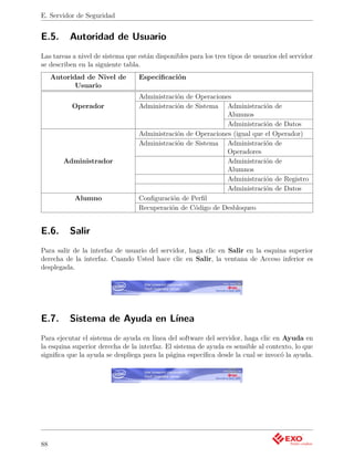 E. Servidor de Seguridad


E.5.      Autoridad de Usuario
Las tareas a nivel de sistema que están disponibles para los tres tipos de usuarios del servidor
se describen en la siguiente tabla.
     Autoridad de Nivel de        Especiﬁcación
            Usuario
                                  Administración de Operaciones
           Operador               Administración de Sistema Administración de
                                                              Alumnos
                                                              Administración de Datos
                                  Administración de Operaciones (igual que el Operador)
                                  Administración de Sistema Administración de
                                                              Operadores
        Administrador                                         Administración de
                                                              Alumnos
                                                              Administración de Registro
                                                              Administración de Datos
           Alumno                 Conﬁguración de Perﬁl
                                  Recuperación de Código de Desbloqueo


E.6.      Salir
Para salir de la interfaz de usuario del servidor, haga clic en Salir en la esquina superior
derecha de la interfaz. Cuando Usted hace clic en Salir, la ventana de Acceso inferior es
desplegada.




E.7.      Sistema de Ayuda en Línea
Para ejecutar el sistema de ayuda en línea del software del servidor, haga clic en Ayuda en
la esquina superior derecha de la interfaz. El sistema de ayuda es sensible al contexto, lo que
signiﬁca que la ayuda se despliega para la página especíﬁca desde la cual se invocó la ayuda.




88
 