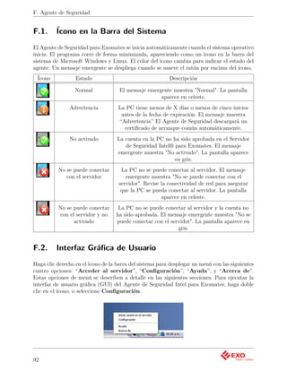 F. Agente de Seguridad


F.1.     Ícono en la Barra del Sistema
El Agente de Seguridad para Exomates se inicia automáticamente cuando el sistema operativo
inicia. El programa corre de forma minimizada, apareciendo como un ícono en la barra del
sistema de Microsoft Windows y Linux. El color del ícono cambia para indicar el estado del
agente. Un mensaje emergente se despliega cuando se mueve el ratón por encima del ícono.
 Ícono            Estado                                  Descripción

                 Normal              El mensaje emergente muestra "Normal". La pantalla
                                                     aparece en celeste.
               Advertencia          La PC tiene menos de X días o menos de cinco inicios
                                     antes de la fecha de expiración. El mensaje muestra
                                    “Advertencia” El Agente de Seguridad descargará un
                                      certiﬁcado de arranque común automáticamente.
               No activado          La cuenta en la PC no ha sido aprobada en el Servidor
                                       de Seguridad Intel® para Exomates. El mensaje
                                    emergente muestra "No activado". La pantalla aparece
                                                           en gris.
          No se puede conectar       La PC no se puede conectar al servidor. El mensaje
             con el servidor           emergente muestra "No se puede conectar con el
                                    servidor". Revise la conectividad de red para asegurar
                                     que la PC se pueda conectar al servidor. La pantalla
                                                      aparece en celeste.
          No se puede conectar      La PC no se puede conectar al servidor y la cuenta no
          con el servidor y no     ha sido aprobada. El mensaje emergente muestra "No se
                activado           puede conectar con el servidor". La pantalla aparece en
                                                            gris.


F.2.     Interfaz Gráﬁca de Usuario
Haga clic derecho en el ícono de la barra del sistema para desplegar un menú con las siguientes
cuatro opciones: “Acceder al servidor”, “Conﬁguración”, “Ayuda”, y “Acerca de”.
Estas opciones de menú se describen a detalle en las siguientes secciones. Para ejecutar la
interfaz de usuario gráﬁca (GUI) del Agente de Seguridad Intel para Exomates, haga doble
clic en el ícono, o seleccione Conﬁguración.




92
 