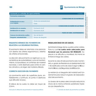 180


 Pavimento en entradas de aparcamientos	




                                                                                                                            Tablas elaboradas por Fernando Gutiérrez Garrido
                                                                                                             CUADRO 9

 Pavimentos empleados:




                                                                                                                                                                      ARQUITECTO DEL CAT DEL COA DE MÁLAGA
                                                                                   CONDICIONES DE LOS MATERIALES

 Antideslizante en seco                   Grado de resbaladicidad
 y en mojado.                             Clase
                                                                             CONDICIONES DE DISEÑO DE LAS PIEZAS
 Señalización en mesetas.                 Pavimento táctil
 Señalización en rampa.                   Pavimento táctil
                                                                                   PUESTA EN OBRA, MANTENIMIENTO
 Carecen de elementos sueltos.            Tipo de fijación
 Desgaste, resbaladicidad                 Tiempo de desgaste



REQUISITOS MÍNIMOS del PAVIMENTO en                            Resbaladicidad de los suelos.
RELACIÓN a la SEGURIDAD PEATONAL.
                                                               Se limitará el riesgo de los usuarios sufran caídas.
El pavimento debe ser orientado a las personas                 Para lo cual los suelos serán adecuados para
con diseños de criterios ergonómicos y diseños                 favorecer que las personas NO RESBALEN, tro-
de criterios emocionales.                                      piecen o se dificulte su movilidad. Así mismo se
                                                               limitará el riesgo de caídas.
La elección del pavimento se regirá por sus ca-
racterísticas de sostenibilidad; como el manteni-              Durante la vida útil del pavimento este manten-
miento, la duravilidad, el contenido de material
                                                               drá un grado de Resistencia al deslizamiento Rd
reciclado, si está diseñado para evitar el cam-
                                                               > 45 clasificado como de clase 3 según el Docu-
bio climatico y el origen del material utilizado.
                                                               mento Básico de Seguridad de Utilización.
CORRECTA ELECCION del PAVIMENTO
                                                               La resistencia al desgaste del material será fun-
Los pavimentos serán de superficies duras, an-                 damental para reducir el grado de resbaadici-
tideslizantes y continuas, sin juntas ni aberturas             dad del pavimento.
que dificulten el paso.
                                                               La dureza de la pieza seleccionada reducirá la
El relieve de los suelos no debe ser mayor de                  rotura de la misma evitando posteriores tropie-
2,5mm.                                                         zos por desperfectos.

Guía para la utilización de pavimentos en espacios públicos	              1ª. Jornadas de diseño de pavimentos accesibles
 