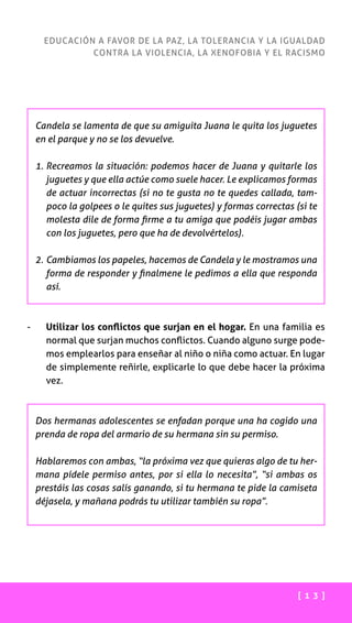 [ 1 3 ]
EDUCACIÓN A FAVOR DE LA PAZ, LA TOLERANCIA Y LA IGUALDAD
CONTRA LA VIOLENCIA, LA XENOFOBIA Y EL RACISMO
Candela se lamenta de que su amiguita Juana le quita los juguetes
en el parque y no se los devuelve.
1.	Recreamos la situación: podemos hacer de Juana y quitarle los
juguetes y que ella actúe como suele hacer. Le explicamos formas
de actuar incorrectas (si no te gusta no te quedes callada, tam-
poco la golpees o le quites sus juguetes) y formas correctas (si te
molesta dile de forma firme a tu amiga que podéis jugar ambas
con los juguetes, pero que ha de devolvértelos).
2.	Cambiamos los papeles, hacemos de Candela y le mostramos una
forma de responder y finalmene le pedimos a ella que responda
así.
-	 Utilizar los conflictos que surjan en el hogar. En una familia es
normal que surjan muchos conflictos. Cuando alguno surge pode-
mos emplearlos para enseñar al niño o niña como actuar. En lugar
de simplemente reñirle, explicarle lo que debe hacer la próxima
vez.
Dos hermanas adolescentes se enfadan porque una ha cogido una
prenda de ropa del armario de su hermana sin su permiso.
Hablaremos con ambas, “la próxima vez que quieras algo de tu her-
mana pídele permiso antes, por si ella lo necesita”, “si ambas os
prestáis las cosas salís ganando, si tu hermana te pide la camiseta
déjasela, y mañana podrás tu utilizar también su ropa”.
 