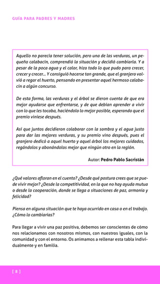[ 8 ]
GUÍA PARA PADRES Y MADRES
Aquello no parecía tener solución, pero una de las verduras, un pe-
queño calabacín, comprendió la situación y decidió cambiarla. Y a
pesar de la poca agua y el calor, hizo todo lo que pudo para crecer,
crecer y crecer... Y consiguió hacerse tan grande, que el granjero vol-
vió a regar el huerto, pensando en presentar aquel hermoso calaba-
cín a algún concurso.
De esta forma, las verduras y el árbol se dieron cuenta de que era
mejor ayudarse que enfrentarse, y de que debían aprender a vivir
con lo que les tocaba, haciéndolo lo mejor posible, esperando que el
premio viniese después.
Así que juntos decidieron colaborar con la sombra y el agua justo
para dar las mejores verduras, y su premio vino después, pues el
granjero dedicó a aquel huerto y aquel árbol los mejores cuidados,
regándolos y abonándolos mejor que ningún otro en la región.
Autor: Pedro Pablo Sacristán
¿Qué valores afloran en el cuento? ¿Desde qué postura crees que se pue-
de vivir mejor? ¿Desde la competitividad, en la que no hay ayuda mutua
o desde la cooperación, donde se llega a situaciones de paz, armonía y
felicidad?
Piensa en alguna situación que te haya ocurrido en casa o en el trabajo.
¿Cómo lo cambiarías?
Para llegar a vivir una paz positiva, debemos ser conscientes de cómo
nos relacionamos con nosotros mismos, con nuestros iguales, con la
comunidad y con el entorno. Os animamos a rellenar esta tabla indivi-
dualmente y en familia.
 