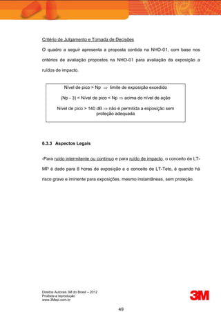 Direitos Autorais 3M do Brasil – 2012
Proibida a reprodução
www.3Mepi.com.br
49
Critério de Julgamento e Tomada de Decisões
O quadro a seguir apresenta a proposta contida na NHO-01, com base nos
critérios de avaliação propostos na NHO-01 para avaliação da exposição a
ruídos de impacto.
6.3.3 Aspectos Legais
-Para ruído intermitente ou contínuo e para ruído de impacto, o conceito de LT-
MP é dado para 8 horas de exposição e o conceito de LT-Teto, é quando há
risco grave e iminente para exposições, mesmo instantâneas, sem proteção.
Nível de pico > Np  limite de exposição excedido
(Np - 3) < Nível de pico < Np  acima do nível de ação
Nível de pico > 140 dB  não é permitida a exposição sem
proteção adequada
 