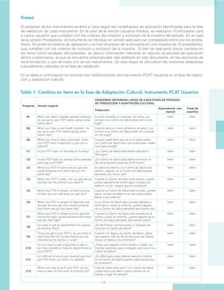 11
Pretest
El pretesteo de los instrumentos se llevó a cabo según las modalidades de aplicación planificadas para la fase
de validación de cada instrumento. En el caso de la versión Usuarios Adultos, se realizaron 10 encuestas cara
a cara a usuarios que cumplían con los criterios de inclusión y exclusión de la muestra del estudio. En el caso
de la versión Prestadores, el instrumento se introdujo en versión web para ser completado online por los presta-
dores. Se probó el sistema de aplicación y se hizo el pretest de la encuesta en una muestra de 10 prestadores,
que cumplían con los criterios de inclusión y exclusión de la muestra. Si bien se realizaron pocos cambios en
los ítems como resultado del pretesteo, se obtuvo información relevante en relación al proceso de aplicación
de los cuestionarios, la que se encuentra sistematizada más adelante en este documento, en las secciones de
recomendación y uso de cada uno de los instrumentos. De esta etapa se obtuvieron las versiones adaptadas
culturalmente utilizadas en la fase de validación.
En la tabla a continuación se resumen las modificaciones del instrumento PCAT Usuarios en la fase de traduc-
ción y adaptación cultural.
Pregunta Versión original
VERSIONES OBTENIDAS LUEGO DE CADA ETAPA DE PROCESO
DE TRADUCCIÓN Y ADAPTACIÓN CULTURAL
Traducción
Equivalencia con-
ceptual
Panel de
expertos
B1 When you need a regular general checkup,
do you go to your PCP before going some-
where else?
Cuando necesita un chequeo de rutina, ¿va
primero a su Centro de Salud antes de ir a otro
lugar?
Idem Idem
B2 When you have a new health problem, do
you go to your PCP before going some-
where else?
Cuando tiene un nuevo problema de salud, ¿va
primero a su Centro de Salud antes de consultar
en otro lugar?
Idem Idem
B3 When you have to see a specialist, does
your PCP have to approve or give you a
referral?
Cuando usted tiene que ver a un especialista,
¿su Centro de Salud tiene que autorizarle o darle
una interconsulta?
Idem Idem
C1 Is your PCP open on Saturday or Sunday? ¿Su Centro de Salud está abierto sábados o
domingos?
Idem Idem
C2 Is your PCP open on at least some weekday
evenings until 8 PM?
¿Su Centro de Salud está abierto al menos un
día de la semana hasta las 20:00 horas?
Idem Idem
C3 When your PCP is open and you get sick,
would someone from there see you the
same day?
Si usted se enferma y su Centro de Salud está
abierto, ¿alguien en su Centro de Salud podría
atenderlo ese mismo día?
Idem Idem
C4 When your PCP is open, can you get advice
quickly over the phone if you need it?
Cuando su Centro de Salud está abierto, ¿usted
podría rápidamente recibir algún consejo por
teléfono, si Ud. creyera que lo necesitara?
Idem Idem
C5 When your PCP is closed, is there a phone
number you can call when you get sick?
Cuando su Centro de Salud está cerrado, ¿existe
algún número de teléfono al cual usted pueda
llamar si se enferma?
Idem Idem
C6 When your PCP is closed on Saturday and
Sunday and you get sick, would someone
from there see you the same day?
Si su Centro de Salud está cerrado sábados o
domingos y usted se enferma, ¿podría alguien
de su Centro de Salud atenderlo ese mismo día?
Idem Idem
C7
When your PCP is closed and you get sick
during the night, would someone from there
see you that night?
Cuando su Centro de Salud está cerrado en la
noche y usted se enferma, ¿podría alguien de su
Centro de Salud atenderlo esa misma noche?
Idem Idem
C8
Is it easy to get an appointment for a gener-
al checkup there?
¿Es fácil tomar una hora para un chequeo de
rutina en su Centro de Salud?
Idem Idem
C9
Once you get to your PCP’s, do you have to
wait more than 30 minutes before you are
checked by the doctor or nurse?
Cuando Ud. llega a su Centro de Salud, ¿tiene
que esperar más de 30 minutos para ser atendi-
do por el médico o la enfermera?
Idem Idem
C10
Do you have to wait a long time or talk to
too many people to make an appointment at
your PCP’s?
¿Tiene que esperar mucho tiempo o hablar con
muchas personas para conseguir una hora en su
Centro de Salud?
Idem Idem
C11
Is it difficult for you to get medical care from
your PCP when you think it is needed?
¿Es difícil para usted obtener atención médica
en su Centro de Salud cuando usted piensa que
es necesario?
Idem Idem
C12
When you have to go to your PCP, do you
have to take off from work or school to go?
Cuando usted tiene que ir a su Centro de Salud,
¿usted tiene que faltar o pedir permiso en su
trabajo o lugar de estudio?
Idem Idem
Tabla 1: Cambios en ítems en la fase de Adaptación Cultural, Instrumento PCAT Usuarios
 