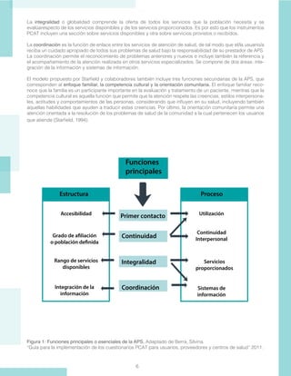 6
La integralidad o globalidad comprende la oferta de todos los servicios que la población necesita y se
evalúarespecto de los servicios disponibles y de los servicios proporcionados. Es por esto que los instrumentos
PCAT incluyen una sección sobre servicios disponibles y otra sobre servicios provistos o recibidos.
La coordinación es la función de enlace entre los servicios de atención de salud, de tal modo que el/la usuario/a
reciba un cuidado apropiado de todos sus problemas de salud bajo la responsabilidad de su prestador de APS.
La coordinación permite el reconocimiento de problemas anteriores y nuevos e incluye también la referencia y
el acompañamiento de la atención realizada en otros servicios especializados. Se compone de dos áreas: inte-
gración de la información y sistemas de información.
El modelo propuesto por Starfield y colaboradores también incluye tres funciones secundarias de la APS, que
corresponden al enfoque familiar, la competencia cultural y la orientación comunitaria. El enfoque familiar reco-
noce que la familia es un participante importante en la evaluación y tratamiento de un paciente, mientras que la
competencia cultural es aquella función que permite que la atención respete las creencias, estilos interpersona-
les, actitudes y comportamientos de las personas, considerando que influyen en su salud, incluyendo también
aquellas habilidades que ayuden a traducir estas creencias. Por último, la orientación comunitaria permite una
atención orientada a la resolución de los problemas de salud de la comunidad a la cual pertenecen los usuarios
que atiende (Starfield, 1994).
Figura 1: Funciones principales o esenciales de la APS. Adaptado de Berra, Silvina.
“Guía para la implementación de los cuestionarios PCAT para usuarios, proveedores y centros de salud” 2011.
 