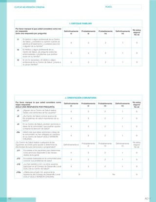 CL-PCAT-AE-VERSIÓN CHILENA FOLIO
AE AE11
J. ORIENTACIÓN COMUNITARIA
Por favor marque la que usted considere como
mejor respuesta
(SOLO UNA RESPUESTA POR PREGUNTA)
Definitivamente
sí
Probablemente
sí
Probablemente
no
Definitivamente
no
No estoy
seguro/
No sé
J1 ¿Alguien de su Centro de Salud realiza
visitas a los domicilios de los usuarios?
4 3 2 1 9
J2 ¿Su Centro de Salud conoce acerca de
los problemas de salud importantes de su
barrio?
4 3 2 1 9
J3 En su Centro de Salud ¿reciben opiniones e
ideas de la comunidad, que podrían ayudar
a mejorar la atención de salud?
4 3 2 1 9
J3a Usted cree que estas opiniones e ideas de
la comunidad, se han reflejado en cambios
en su Centro de Salud? (SOLO VERSIÓN
CHILENA)
4 3 2 1 9
¿Su Centro de Salud realiza cualquiera de las
siguientes acciones para ayudar a determinar la
efectividad de su(s) servicio(s) o programa(s)?
Definitivamente sí
Probablemente
sí
Probablemente
no
Definitivamente
no
No estoy
seguro/
No sé
J11 Encuestas a los pacientes para determinar
si los servicios responden a las necesi-
dades de la gente
4 3 2 1 9
J12 Encuestas realizadas en la comunidad para
conocer sus problemas de salud
4 3 2 1 9
J18 ¿Le han pedido a Ud. o a otros usuarios
participar en el Consejo de Desarrollo Local
(CDL) de su Centro de Salud?
4 3 2 1 9
J18a ¿Había escuchado Ud. acerca de la
existencia del Consejo de Desarrollo Local
(CDL)? (SOLO VERSIÓN CHILENA)
Sí No 9
I. ENFOQUE FAMILIAR
Por favor marque la que usted considere como me-
jor respuesta
(solo una respuesta por pregunta)
Definitivamente
sí
Probablemente
sí
Probablemente
no
Definitivamente
no
No estoy
seguro/
No sé
I1 El médico o algún profesional de su Centro
de Salud, ¿considera su opinión cuando se
planifica el tratamiento y cuidados para Ud.
o alguien de su familia?
4 3 2 1 9
I2 El médico o algún profesional de su
Centro de Salud, ¿le pregunta sobre las
enfermedades o problemas que podrían
existir en su familia?
4 3 2 1 9
I3 Si Ud. lo necesitara, el médico o algún
profesional de su Centro de Salud, ¿citaría a
su grupo familiar?
4 3 2 1 9
 