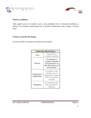 ING: CARLOS FUENTES TERMODINAMICA Página 4
4
Entorno o ambiente.
Todo aquello que no es sistema y que se sitúa alrededor de él, se denomina ambiente o
entorno. Los sistemas interaccionan con el entorno transfiriendo masa, energía o las dos
cosas.
Frontera o paredes del sistema.
A través de ellas se comunica el sistema con el entorno.
TIPOS DE FRONTERAS
Fijas
Mantienen el
volumen constante
Móviles
El volumen es
variable y depende
de la presión en el
lado del sistema y de
la del entorno
Conductoras o
Diatérmanas
Al conducir calor
permiten que la
temperatura a ambos
lados de la misma
sea igual
Adiabáticas
No conducen calor.
Son los aislantes
térmicos
 