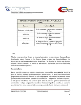 ING: CARLOS FUENTES TERMODINAMICA Página 7
7
TIPOS DE PROCESOS EN FUNCIÓN DE LA VARIABLE
FIJADA
Proceso Variable Fijada
Isotermos o Isotérmicos
Se llevan a cabo a temperatura constante,
T=Cte.
Isobáricos
Se llevan a cabo a presión constante,
P = Cte.
Isocóricos
Se llevan a cabo a volumen constante,
V = Cte.
adiabáticos
se llevan a cabo sin transferencia de calor
entre el sistema y el entorno, se los llama
Q = 0
Fase.
Muchas veces conviene dividir un sistema heterogéneo en subsistemas, llamados fases,
imaginando nuevos límites en los lugares donde ocurren las discontinuidades. En
consecuencia, una fase es un subsistema homogéneo. Por ejemplo, un sistema que consiste
de hielo y agua se considera un sistema de dos fases, sea que el hielo esté en un único trozo
o dividido en varios fragmentos.
Sustancia Pura.
Es un material formado por un sólo constituyente, en oposición a una mezcla. Sustancia
pura no significa sustancia químicamente pura: sustancia pura es la que, en el intervalo de
propiedades estudiado, no se separa en sus componentes. Por ejemplo, en procesos físicos
(calentamiento o enfriamiento, compresión o expansión) a temperatura ambiente o superior,
el aire puede considerase una sustancia pura; pero en procesos químicos (reacciones de
combustión) o a bajas temperaturas (cuando se forma aire líquido al licuarlo), es necesario
considerar el aire como una mezcla de sus componentes (oxígeno, nitrógeno, entre otros).
 