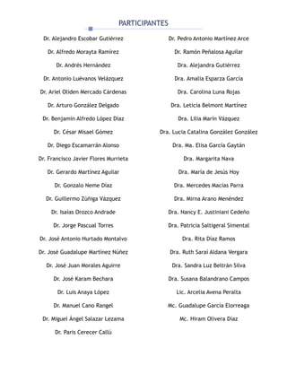 PARTICIPANTES
Dr. Alejandro Escobar Gutiérrez Dr. Pedro Antonio Martínez Arce
Dr. Alfredo Morayta Ramírez Dr. Ramón Peñalosa Aguilar
Dr. Andrés Hernández Dra. Alejandra Gutiérrez
Dr. Antonio Luévanos Velázquez Dra. Amalia Esparza García
Dr. Ariel Oliden Mercado Cárdenas Dra. Carolina Luna Rojas
Dr. Arturo González Delgado Dra. Leticia Belmont Martínez
Dr. Benjamín Alfredo López Díaz Dra. Lilia Marín Vázquez
Dr. César Misael Gómez Dra. Lucia Catalina González González
Dr. Diego Escamarrán Alonso Dra. Ma. Elisa García Gaytán
Dr. Francisco Javier Flores Murrieta Dra. Margarita Nava
Dr. Gerardo Martínez Aguilar Dra. María de Jesús Hoy
Dr. Gonzalo Neme Díaz Dra. Mercedes Macías Parra
Dr. Guillermo Zúñiga Vázquez Dra. Mirna Arano Menéndez
Dr. Isaías Orozco Andrade Dra. Nancy E. Justiniani Cedeño
Dr. Jorge Pascual Torres Dra. Patricia Saltigeral Simental
Dr. José Antonio Hurtado Montalvo Dra. Rita Díaz Ramos
Dr. José Guadalupe Martínez Núñez Dra. Ruth Saraí Aldana Vergara
Dr. José Juan Morales Aguirre Dra. Sandra Luz Beltrán Silva
Dr. José Karam Bechara Dra. Susana Balandrano Campos
Dr. Luis Anaya López Lic. Arcelia Avena Peralta
Dr. Manuel Cano Rangel Mc. Guadalupe García Elorreaga
Dr. Miguel Ángel Salazar Lezama Mc. Hiram Olivera Díaz
Dr. Paris Cerecer Callú
 