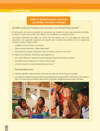 w
36
¿Cuáles serán las acciones, los recursos y los tiempos de cambio?
En este punto, ya hemos visualizado las soluciones que analizamos para cada problema priorizado,
tomando en cuenta los cambios, las mejoras y los resultados que deseamos lograr.
Formuladas claramente las metas, es mucho más fácil pensar qué es lo que debemos hacer para
alcanzarlas. Las siguientes preguntas nos guiarán para concretar las acciones con sus respectivos
recursos, tiempos y responsables:
•	 ¿Cuáles son las acciones y sus tareas?
•	 ¿Qué recursos disponen y cuáles hacen falta?
•	 ¿Qué alianzas pueden establecer para conseguir apoyos y recursos?
En relación con el tiempo, tendremos que preguntarnos:
•	 ¿En cuánto tiempo se realizarán las acciones para alcanzar las metas previstas?
•	 ¿Cuántas horas se utilizarán en el aula y fuera de ella?
•	 ¿Cuándo iniciarán y cuándo finalizarán las acciones?
Recomendaciones
•	 Podemos plantear varias acciones en función de cada una de las metas formuladas.
•	 Las acciones establecidas para superar los problemas priorizados podrán contemplar un año lectivo o
más. En el caso de que el tiempo sea de dos o más años, tendremos que formular submetas.
PLAN DE MEJORA
PASO 3: Establecemos acciones
concretas, recursos y tiempo
 