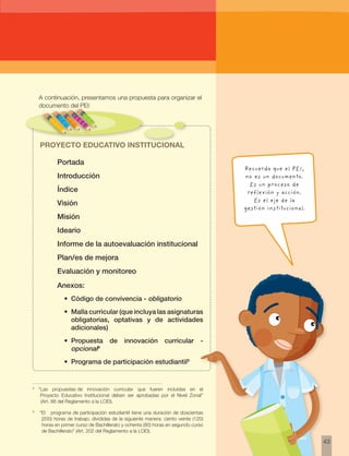43
A continuación, presentamos una propuesta para organizar el
documento del PEI:
PROYECTO EDUCATIVO INSTITUCIONAL
Portada
Introducción
Índice
Visión
Misión
Ideario
Informe de la autoevaluación institucional
Plan/es de mejora
Evaluación y monitoreo
Anexos:
•	 Código de convivencia - obligatorio
•	 Malla curricular (que incluya las asignaturas
obligatorias, optativas y de actividades
adicionales)
•	 Propuesta de innovación curricular -
opcional8
•	 Programa de participación estudiantil9
8
“Las propuestas de innovación curricular que fueren incluidas en el
Proyecto Educativo Institucional deben ser aprobadas por el Nivel Zonal”
(Art. 88 del Reglamento a la LOEI).
9
“El programa de participación estudiantil tiene una duración de doscientas
(200) horas de trabajo, divididas de la siguiente manera: ciento veinte (120)
horas en primer curso de Bachillerato y ochenta (80) horas en segundo curso
de Bachillerato” (Art. 202 del Reglamento a la LOEI).
Recuerda que el PEI,
no es un documento.
Es un proceso de
reflexión y acción.
Es el eje de la
gestión institucional.
 