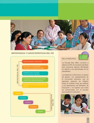 9 
Eje de la gestión institucional. 
Intervención y participación 
de toda la comunidad educativa. 
Establecimiento de líneas 
de comunicación efectiva. 
Coherencia entre la práctica institu-cional 
y las políticas educativas. 
Vinculación de las características del 
entorno. 
IMPORTANCIA DEL PEI 
características 
DEL PEI 
Práctico 
Flexible 
Inclusivo 
Generador 
Integrador 
La Escuela Eloy Alfaro comenzó a 
elaborar el PEI. Es necesario planificar 
para solucionar algunas dificultades 
en relación a los aprendizajes de los 
estudiantes. 
Los directivos conformaron un equipo 
de gestión, con representantes de 
la comunidad educativa, que ha 
generado espacios de reflexión 
sobre el contexto local, las políticas 
y los lineamientos del Ministerio de 
Educación y ha logrado que todos 
se comprometan con el proceso 
que requiere la institución. 
Importancia y características del PEI 
En la práctica: 
 