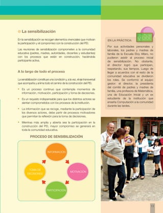 11 
~~ La sensibilización 
En la sensibilización se recogen elementos vivenciales que motivan 
la participación y el compromiso con la construcción del PEI. 
Las reuniones de sensibilización comprometen a la comunidad 
educativa (padres, madres, autoridades, docentes y estudiantes) 
con los procesos que están en construcción, haciéndola 
participante activa. 
A lo largo de todo el proceso 
La sensibilización constituye una condición y, a la vez, el eje transversal 
que acompaña y anima todo el camino de la construcción del PEI. 
• Es un proceso continuo que contempla momentos de 
información, motivación, participación y toma de decisiones. 
• Es un requisito indispensable para que los distintos actores se 
sientan comprometidos con los procesos de la institución. 
• La información que se recoge, mediante la participación de 
los diversos actores, debe partir de procesos motivadores 
que permitan la reflexión para la toma de decisiones. 
• Mientras más amplia y abierta sea la participación en la 
construcción del PEI, mayor compromiso se generará en 
toda la comunidad educativa. 
PROCESO DE SENSIBILIZACIÓN 
INFORMACIÓN 
PARTICIPACIÓN 
TOMA DE 
DECISIONES 
MOTIVACIÓN 
En la práctica: 
Por sus actividades personales y 
laborales, los padres y madres de 
familia de la Escuela Eloy Alfaro, no 
pudieron asistir al proceso inicial 
de sensibilización. No obstante, 
el director logró que participen, 
respetando, sus tiempos. Luego de 
llegar a acuerdos con el resto de la 
comunidad educativa se dividieron 
los roles. Se conformó el equipo 
gestor: el director, la presidenta 
del comité de padres y madres de 
familia, una profesora de Matemática, 
una de Educación Inicial y un ex 
estudiante de la institución que 
enseña Computación a la comunidad 
durante las tardes. 
 