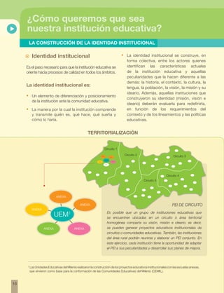 16 
¿Cómo queremos que sea 
nuestra institución educativa? 
LA CONSTRUCCIÓN DE LA IDENTIDAD INSTITUCIONAL 
Identidad institucional 
Es el paso necesario para que la institución educativa se 
oriente hacia procesos de calidad en todos los ámbitos. 
La identidad institucional es: 
• Un elemento de diferenciación y posicionamiento 
de la institución ante la comunidad educativa. 
• La manera por la cual la institución comprende 
y transmite quién es, qué hace, qué sueña y 
cómo lo haría. 
• La identidad institucional se construye, en 
forma colectiva, entre los actores quienes 
identifican las características actuales 
de la institución educativa y aquellas 
peculiaridades que la hacen diferente a las 
demás: la historia, el contexto, la cultura, la 
lengua, la población, la visión, la misión y su 
ideario. Además, aquellas instituciones que 
construyeron su identidad (misión, visión e 
ideario) deberán evaluarla para redefinirla, 
en función de los requerimientos del 
contexto y de los lineamientos y las políticas 
educativas. 
TERRITORIALIZACIÓN 
Circuito 1 
Circuito 2 Circuito 3 
Circuito 5 
Circuito 4 
UEM 
anexa 
anexa 
anexa 
PEI DE CIRCUITO 
Es posible que un grupo de instituciones educativas que 
se encuentren ubicadas en un circuito o área territorial 
homogénea comparta su visión, misión e ideario; es decir, 
se pueden generar proyectos educativos institucionales de 
circuitos o comunidades educativas. También, las instituciones 
del área rural podrán reunirse y elaborar un PEI conjunto. En 
este ejercicio, cada institución tiene la oportunidad de adaptar 
el PEI a sus peculiaridades y desarrollar sus planes de mejora. 
anexa 
anexa 
anexa 
anexa 
anexa 
anexa 
UEM1 
anexa 
1 Las Unidades Educativas del Milenio realizaron la construcción de los proyectos educativos institucionales con las escuelas anexas, 
que sirvieron como base para la conformación de las Comunidades Educativas del Milenio (CEMIL). 
 