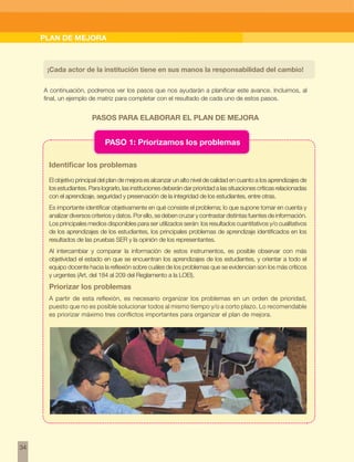 w 
34 
PLAN DE MEJORA 
¡Cada actor de la institución tiene en sus manos la responsabilidad del cambio! 
A continuación, podremos ver los pasos que nos ayudarán a planificar este avance. Incluimos, al 
final, un ejemplo de matriz para completar con el resultado de cada uno de estos pasos. 
PASOS PARA ELABORAR EL PLAN DE MEJORA 
PASO 1: Priorizamos los problemas 
Identificar los problemas 
El objetivo principal del plan de mejora es alcanzar un alto nivel de calidad en cuanto a los aprendizajes de 
los estudiantes. Para lograrlo, las instituciones deberán dar prioridad a las situaciones críticas relacionadas 
con el aprendizaje, seguridad y preservación de la integridad de los estudiantes, entre otras. 
Es importante identificar objetivamente en qué consiste el problema; lo que supone tomar en cuenta y 
analizar diversos criterios y datos. Por ello, se deben cruzar y contrastar distintas fuentes de información. 
Los principales medios disponibles para ser utilizados serán: los resultados cuantitativos y/o cualitativos 
de los aprendizajes de los estudiantes, los principales problemas de aprendizaje identificados en los 
resultados de las pruebas SER y la opinión de los representantes. 
Al intercambiar y comparar la información de estos instrumentos, es posible observar con más 
objetividad el estado en que se encuentran los aprendizajes de los estudiantes, y orientar a todo el 
equipo docente hacia la reflexión sobre cuáles de los problemas que se evidencian son los más críticos 
y urgentes (Art. del 184 al 209 del Reglamento a la LOEI). 
Priorizar los problemas 
A partir de esta reflexión, es necesario organizar los problemas en un orden de prioridad, 
puesto que no es posible solucionar todos al mismo tiempo y/o a corto plazo. Lo recomendable 
es priorizar máximo tres conflictos importantes para organizar el plan de mejora. 
 