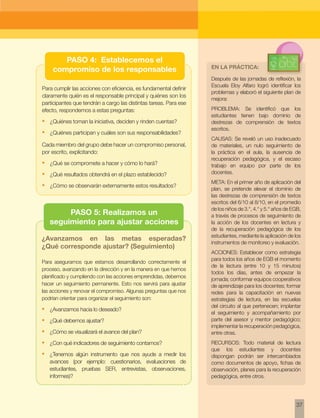 37 
Para cumplir las acciones con eficiencia, es fundamental definir 
claramente quién es el responsable principal y quiénes son los 
participantes que tendrán a cargo las distintas tareas. Para ese 
efecto, respondemos a estas preguntas: 
• ¿Quiénes toman la iniciativa, deciden y rinden cuentas? 
• ¿Quiénes participan y cuáles son sus responsabilidades? 
Cada miembro del grupo debe hacer un compromiso personal, 
por escrito, explicitando: 
• ¿Qué se compromete a hacer y cómo lo hará? 
• ¿Qué resultados obtendrá en el plazo establecido? 
• ¿Cómo se observarán externamente estos resultados? 
Después de las jornadas de reflexión, la 
Escuela Eloy Alfaro logró identificar los 
problemas y elaboró el siguiente plan de 
mejora: 
PROBLEMA: Se identificó que los 
estudiantes tienen bajo dominio de 
destrezas de comprensión de textos 
escritos. 
CAUSAS: Se reveló un uso inadecuado 
de materiales, un nulo seguimiento de 
la práctica en el aula, la ausencia de 
recuperación pedagógica, y el escaso 
trabajo en equipo por parte de los 
docentes. 
META: En el primer año de aplicación del 
plan, se pretende elevar el dominio de 
las destrezas de comprensión de textos 
escritos del 6/10 al 8/10, en el promedio 
de los niños de 3.°, 4.° y 5.° años de EGB, 
a través de procesos de seguimiento de 
la acción de los docentes en lectura y 
de la recuperación pedagógica de los 
estudiantes, mediante la aplicación de los 
instrumentos de monitoreo y evaluación. 
ACCIONES: Establecer como estrategia 
para todos los años de EGB el momento 
de la lectura (entre 10 y 15 minutos) 
todos los días, antes de empezar la 
jornada; conformar equipos cooperativos 
de aprendizaje para los docentes; formar 
redes para la capacitación en nuevas 
estrategias de lectura, en las escuelas 
del circuito al que pertenecen; implantar 
el seguimiento y acompañamiento por 
parte del asesor y mentor pedagógico; 
implementar la recuperación pedagógica, 
entre otras. 
RECURSOS: Todo material de lectura 
que los estudiantes y docentes 
dispongan podrán ser intercambiados 
como documentos de apoyo, fichas de 
observación, planes para la recuperación 
pedagógica, entre otros. 
PASO 5: Realizamos un 
seguimiento para ajustar acciones 
¿Avanzamos en las metas esperadas? 
¿Qué corresponde ajustar? (Seguimiento) 
Para asegurarnos que estamos desarrollando correctamente el 
proceso, avanzando en la dirección y en la manera en que hemos 
planificado y cumpliendo con las acciones emprendidas, debemos 
hacer un seguimiento permanente. Esto nos servirá para ajustar 
las acciones y renovar el compromiso. Algunas preguntas que nos 
podrían orientar para organizar el seguimiento son: 
• ¿Avanzamos hacia lo deseado? 
• ¿Qué debemos ajustar? 
• ¿Cómo se visualizará el avance del plan? 
• ¿Con qué indicadores de seguimiento contamos? 
• ¿Tenemos algún instrumento que nos ayude a medir los 
avances (por ejemplo: cuestionarios, evaluaciones de 
estudiantes, pruebas SER, entrevistas, observaciones, 
informes)? 
En la práctica: 
PASO 4: Establecemos el 
compromiso de los responsables 
 