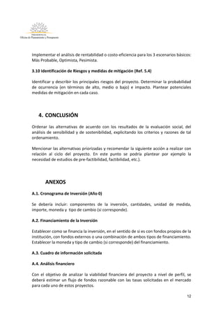 12
Implementar el análisis de rentabilidad o costo-eficiencia para los 3 escenarios básicos:
Más Probable, Optimista, Pesimista.
3.10 Identificación de Riesgos y medidas de mitigación (Ref. 5.4)
Identificar y describir los principales riesgos del proyecto. Determinar la probabilidad
de ocurrencia (en términos de alto, medio o bajo) e impacto. Plantear potenciales
medidas de mitigación en cada caso.
4. CONCLUSIÓN
Ordenar las alternativas de acuerdo con los resultados de la evaluación social, del
análisis de sensibilidad y de sostenibilidad, explicitando los criterios y razones de tal
ordenamiento.
Mencionar las alternativas priorizadas y recomendar la siguiente acción a realizar con
relación al ciclo del proyecto. En este punto se podría plantear por ejemplo la
necesidad de estudios de pre-factibilidad, factibilidad, etc.).
ANEXOS
A.1. Cronograma de Inversión (Año 0)
Se debería incluir: componentes de la inversión, cantidades, unidad de medida,
importe, moneda y tipo de cambio (si corresponde).
A.2. Financiamiento de la Inversión
Establecer como se financia la inversión, en el sentido de si es con fondos propios de la
institución, con fondos externos o una combinación de ambos tipos de financiamiento.
Establecer la moneda y tipo de cambio (si corresponde) del financiamiento.
A.3. Cuadro de información solicitada
A.4. Análisis financiero
Con el objetivo de analizar la viabilidad financiera del proyecto a nivel de perfil, se
deberá estimar un flujo de fondos razonable con las tasas solicitadas en el mercado
para cada uno de estos proyectos.
 