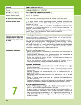 14
7
UNIVERSIDAD DEL PACÍFICO
INGENIERÍA EN GESTIÓN TURÍSTICA
INGENIERO EN GESTIÓN TURÍSTICA
4,5 años (IX Semestres)
2. Una al finalizar el VI semestre de la carrera la segunda al final de la carrera
En el sector público: Servicio Nacional de Turismo, CONAMA, Municipalidades,
Gobernaciones, Intendencias. ONG, Fundaciones, Corporaciones, Centros de
Investigación, CORFO.
Gestión del desarrollo turístico en: Consultoras en Planificación territorial turística,
Consultoras en Formulación y Evaluación de Proyectos Turísticos (vacacional y de
negocios), Eventos y Tiempo Libre.
En el sector privado: Agencias de Viaje, Agencias de Turismo, Operadores Turísticos,
Hoteles, Resort, Centro de Eventos y Convenciones, Líneas Aéreas,
Emprendimientos turísticos.
La Universidad del Pacífico en su visión se propone formar personas integrales con
actitud reflexiva y con capacidad de crear y emprender para su mejor inserción y
contribución al desarrollo de la sociedad.
Este profesional se destaca por su capacidad de liderar actividades, proyectos y
empresas en el campo del turismo, como también el trabajo con grupos y equipos
multidisciplinarios, teniendo una actitud Proactiva hacia la búsqueda de
oportunidades de negocios. Comunicación, liderazgo, manejo de conflictos, trabajo
en equipo y empatía, esto se refleja en las diferentes actividades, talleres y
capacitaciones para los alumnos en sala y salidas a terreno.
Conocimientos (Saber y conocer)
• Integra los conocimientos y procedimientos de las ciencias básicas a la gestión de
los servicios turísticos.
• Diseña propuestas relacionadas con el patrimonio cultural, para transformarlas en
producto turístico, de acuerdo a las necesidades del mercado.
• Analiza características de la oferta nacional e internacional y determina procesos
de venta de productos turísticos.
• Diseña una propuesta técnica económica integrando recursos turísticos,
atractivos y servicios de acuerdo a las necesidades reales del mercado.
Habilidad ( saber y hacer)
• Genera nuevos modelos de negocio implementando estrategias para lograr
ventajas competitivas.
• Formula un plan de desarrollo estratégico, táctico y operativo para lograr ventajas
competitivas.
• Genera estrategias de sustentabilidad para la comercialización de
paquetes turísticos.
• Gestiona la venta de productos turísticos relacionados con el recurso
patrimonial.
• Aplica el idioma para comunicarse y gestionar internacionalmente
servicios turísticos.
• Realiza la evaluación financiera de un proyecto considerando legislación
vigente, riesgos medio ambientales, calidad y sustentabilidad turística.
Actitudes ( saber ser y convivir)
• Valora el liderazgo para el logro de los objetivos trazados por la empresa
turística ,promoviendo aspectos éticos y culturales.
• Propone nuevos emprendimientos en la empresa turística aplicados a un
modelo de negocio, actuando en forma honesta, coherente y responsable.
• Valora el patrimonio cultural y natural de Chile, estableciendo criterios de
sustentabilidad en función de la geografía, los recursos y lo atractivos
propios del lugar.
Institución
Carrera
Título Profesional oTécnico
Cantidad de años de estudio
N° de prácticas (cuántas y cuándo)
Descripción del campo laboral
Tipificarlascompetenciaspersonales
(habilidades blandas), que la malla
curricular consideradurantelosaños
de estudio.
Perfil de egreso del estudiante
 
