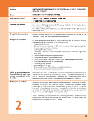 2
INSTITUTO PROFESIONAL INSTITUTO INTERNACIONAL DE ARTES CULINARIAS Y
SERVICIO. CULINARY
DIRECCIÓN Y PRODUCCIÓN DE EVENTOS
• DIRECTOR Y PRODUCTOR DE EVENTOS
• PRODUCCIÓN DE EVENTOS
Para obtener el título profesional de “Director y Productor de Eventos”, se deben
cursar 8 semestres (4 años).-
Para obtener el título técnico“ Dirección y producción de Eventos”, se deben cursar 6
semestres (3 años).
Nuestros alumnos realizan 3 prácticas profesionales, al terminar de cursar 4°, 6° y 8°
Semestres. Cursan prácticas nacionales e internacionales.
El campo laboral de un profesional en Dirección y Producción de Eventos es bastante
amplio pudiendo desempeñarse en las siguientes áreas:
• Productoras de Eventos
• Departamentos de marketing de diferentes empresas, shopping center, grandes
tiendas y supermercados, entre otros.
• Centros de Eventos masivos.
• Direcciones Culturales de municipalidades, asociaciones, fundaciones y gobierno,
entre otros.
• Empresas de Marketing Directo y Promocional.
• Producción de Eventos Artísticos y Musicales.
• Productoras de ferias, congresos y exposiciones. Nacionales e internacionales.
• Organizaciones e Instituciones Educacionales.
• Emprendimientos propios.
• Museos y Galerías de Arte.
• Centros de Extensión Cultural de universidades e institutos.
• Resorts y Hoteles nacionales e internacionales.
Durante toda la carrera los estudiantes tienen áreas de formación integral enfocada
al desarrollo de la creatividad, comunicación e idioma. Como“Desarrollo Personal”,“El
Arte de Comunicar”, “Desarrollo de la Creatividad”, etc. Asignaturas que les dan las
herramientas para relacionarse y comunicarse de manera efectiva con otros.
Ofrecemos un completo plan de estudios para que nuestro profesional “Director y
productor de Eventos” sea capaz de diseñar creativamente proyectos dando
respuesta a los requerimientos del mercado para su posterior puesta en marcha,
innovando en la producción de eventos e incorporando a su quehacer las tecnologías
de punta, elementos de la comunicación, marketing, gestión y emprendimiento
claves para su futuro desempeño y real aporte al rubro.
Junto a lo anterior y no menos importante nuestros egresados se caracterizan por ser
profesionales con el más alto concepto del servicio, deber y la ética, valores que
comparten todos los egresados de I.P. Culinary.
Institución
Carrera
Título Profesional oTécnico
Cantidad de años de estudio
N° de prácticas (cuántas y cuándo)
Descripción del campo laboral
Tipificar las competencias personales
(habilidades blandas), que la malla
curricular considera durante los años
de estudio.
Perfil de egreso del estudiante
25
 
