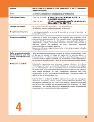 INSTITUTO PROFESIONAL INSTITUTO INTERNACIONAL DE ARTES CULINARIAS Y
SERVICIOS. CULINARY
ADMINISTRACIÓN DE NEGOCIOS DE LA INDUSTRIA DEL VINO
TÍTULO PROFESIONAL : ADMINISTRADOR DE NEGOCIOS DE LA
INDUSTRIA DEL VINO
TÍTULO TÉCNICO : TÉCNICO EN ADMINISTRACIÓN DE NEGOCIOS
DE LA INDUSTRIA DEL VINO
Título profesional: 4 años (8 semestres) + proceso de titulación.
Título técnico: 3 años (6 semestres) + proceso de titulación.
3 prácticas profesionales: al terminar 2º semestre, al terminar 4º semestre y al
terminar 6º semestre.
Trabajar en el ámbito de la gestión de las siguientes áreas: administración de
empresas vitivinícolas, comercial de Viñas (mercado nacional y/o de exportaciones),
marketing de Viñas, empresas de distribución y comercialización, logística y
abastecimiento, eventos, banquetería, hotelería y servicios, comunicaciones y
relaciones públicas de empresas del rubro, enoturismo, organismos
gubernamentales de promoción, docencia.
Los técnicos de la carrera se pueden desempeñar en las mismas áreas pero enfocados
en el ámbito operativo.
Se encuentran presente de manera transversal en distintas asignaturas de la carrera
en las que se potencia el trabajo en equipo (en los diversos Talleres, en
Emprendimiento y en todas las asignaturas donde se desarrollan trabajos en grupo),
la comunicación (en asignaturas como El Arte de Comunicar y Taller de Redacción), la
creatividad y la sensibilidad estética (Apreciación del arte aplicada a la degustación).
Profesionales capacitados para administrar negocios relativos a la industria
vitivinícola, considerando los constantes desafíos y las innovaciones tecnológicas
para su correcta gestión. Entre las competencias que se acreditan están el dominio
del idioma inglés, técnicas de vitivinicultura y de producción del vino, artes culinarias,
otras bebidas alcohólicas, así como competencias gerenciales tales como
administración, logística, organización, comercialización y marketing, ligadas a la
cadena de valor de la industria del vino.
Están también en condiciones de liderar procesos relacionados con los negocios
vitivinícolas, así como sus servicios conexos, a saber, restauración, hotelería, bar y
otros ligados al mercado del vino y del turismo enológico. Asimismo, los titulados
han recibido una formación que les permite interactuar en equipo, con rasgos
colaborativos y una marcada orientación a la calidad de servicios, responsabilidad,
ética, tolerancia y compromiso con el deber profesional.
Institución
Carrera
Título Profesional oTécnico
Cantidad de años de estudio
N° de prácticas (cuántas y cuándo)
Descripción del campo laboral
Tipificarlascompetenciaspersonales
(habilidades blandas), que la malla
curricular consideradurantelosaños
de estudio.
Perfil de egreso del estudiante
4 27
 