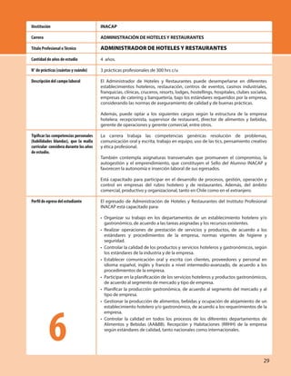 INACAP
ADMINISTRACIÓN DE HOTELES Y RESTAURANTES
ADMINISTRADOR DE HOTELES Y RESTAURANTES
4 años.
3 prácticas profesionales de 300 hrs c/u
El Administrador de Hoteles y Restaurantes puede desempeñarse en diferentes
establecimientos hoteleros, restauración, centros de eventos, casinos industriales,
franquicias, clínicas, cruceros, resorts, lodges, hostellings, hospitales, clubes sociales,
empresas de catering y banquetería, bajo los estándares requeridos por la empresa,
considerando las normas de aseguramiento de calidad y de buenas prácticas.
Además, puede optar a los siguientes cargos según la estructura de la empresa
hotelera: recepcionista, supervisor de restaurant, director de alimentos y bebidas,
gerente de operaciones y gerente comercial, entre otros.
La carrera trabaja las competencias genéricas resolución de problemas,
comunicación oral y escrita, trabajo en equipo, uso de las tics, pensamiento creativo
y ética profesional.
También contempla asignaturas transversales que promueven el compromiso, la
autogestión y el emprendimiento, que constituyen el Sello del Alumno INACAP y
favorecen la autonomía e inserción laboral de sus egresados.
Está capacitado para participar en el desarrollo de procesos, gestión, operación y
control en empresas del rubro hotelero y de restaurantes. Además, del ámbito
comercial, productivo y organizacional, tanto en Chile como en el extranjero.
El egresado de Administración de Hoteles y Restaurantes del Instituto Profesional
INACAP está capacitado para:
• Organizar su trabajo en los departamentos de un establecimiento hotelero y/o
gastronómico, de acuerdo a las tareas asignadas y los recursos existentes.
• Realizar operaciones de prestación de servicios y productos, de acuerdo a los
estándares y procedimientos de la empresa, normas vigentes de higiene y
seguridad.
• Controlar la calidad de los productos y servicios hoteleros y gastronómicos, según
los estándares de la industria y de la empresa.
• Establecer comunicación oral y escrita con clientes, proveedores y personal en
idioma español, inglés y francés a nivel intermedio-avanzado, de acuerdo a los
procedimientos de la empresa.
• Participar en la planificación de los servicios hoteleros y productos gastronómicos,
de acuerdo al segmento de mercado y tipo de empresa.
• Planificar la producción gastronómica, de acuerdo al segmento del mercado y al
tipo de empresa.
• Gestionar la producción de alimentos, bebidas y ocupación de alojamiento de un
establecimiento hotelero y/o gastronómico, de acuerdo a los requerimientos de la
empresa.
• Controlar la calidad en todos los procesos de los diferentes departamentos de
Alimentos y Bebidas (AA&BB). Recepción y Habitaciones (RRHH) de la empresa
según estándares de calidad, tanto nacionales como internacionales.
IInstitución
Carrera
Título Profesional oTécnico
Cantidad de años de estudio
N° de prácticas (cuántas y cuándo)
Descripción del campo laboral
Tipificar las competencias personales
(habilidades blandas), que la malla
curricular considera durante los años
de estudio.
Perfil de egreso del estudiante
6
29
 