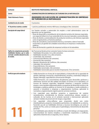 INSTITUTO PROFESIONAL VERTICAL
ADMINISTRACIÓN DE EMPRESAS DE TURISMO EN LA NATURALEZA
INGENIERO EN EJECUCIÓN EN ADMINISTRACIÓN DE EMPRESAS
DE TURISMO EN LA NATURALEZA
9 semestres
1 práctica profesional, mínimo 400 horas cronológicas (9no. Semestre)
Las fuentes actuales y potenciales de empleo a nivel administrativo como de
operación son las siguientes:
• Áreas de desarrollo y consolidación de la industria turística de intereses especiales,
con especial énfasis en el uso sostenible de los recursos naturales y socioculturales.
• Áreas de diseño y comercialización de productos turísticos y de intereses especiales
como el agroturismo y el turismo aventura.
• Áreas de consultoría y asesoramiento técnico y normativo, sobre el mercado
ecoturístico y la gestión de unidades ecoturísticas en empresas o instituciones
públicas.
• Áreas de formación y gestión de empresas turísticas en la naturaleza.
Eje Transversal desde primer semestre hasta el octavo semestre:
• Habilidades Personales (1er y 2do semestre).
• Habilidades Sociales (1er y 2do semestre).
• Creatividad. (3er semestre).
• Comunicación Efectiva (3er semestre).
• Innovación (4to semestre).
• Manejo y Resolución de Conflictos. (4to semestre).
• Liderazgo. (5to semestre).
• Emprendimiento. (5to semestre).
• Habilidades Gerenciales. (6to semestre).
• Habilidades Gerenciales para la Gestión Empresarial. (7mo semestre).
Institución
Carrera
Título Profesional oTécnico
Cantidad de años de estudio
N° de prácticas (cuántas y cuándo)
Descripción del campo laboral
Tipificar las competencias personales
(habilidades blandas), que la malla
curricular consideradurantelosaños
de estudio.
Perfil de egreso del estudiante Sólida formación en el área de la especialidad y el desarrollo de la capacidad de
gestión, liderazgo, innovación, emprendimiento, iniciativa, creatividad, trabajo en
equipo, liderazgo, capacidad de comunicación bilingüe.
Sólida formación, con conocimientos disciplinarios para desarrollar, gestionar y
administrar servicios de alta calidad vinculados al turismo en la naturaleza y al
turismo de intereses especiales, dirigiendo empresas y proyectos turísticos
propios, como también elaborando planes y programas de desarrollo turístico y de
estrategias y políticas públicas en turismo en la naturaleza y medio ambiente, y
asesoría y consultoría a empresas y organizaciones turísticas, aplicando la
normativa y reglamentación vigente para los servicios turísticos.
Con capacidad para planificar proyectos y experiencias de carácter
socioeducativo, considerando las diversas características etáreas, sociales y
culturales de los turistas en el contexto nacional e internacional, aplicando
siempre medidas de prevención de riesgos y seguridad.
Con capacidad crítico-reflexiva para emprender, desde una visión
interdisciplinaria, proyectos innovadores pertinentes a la realidad de su entorno,
haciendo uso de sus habilidades técnicas y recursos tecnológicos, así como el
manejo de TICs, como un medio para el aprendizaje y herramienta de desarrollo
personal.
Con habilidades para abordar los conflictos a través del diálogo y la negociación,
comunicándose de manera empática y resolviendo imprevistos o conflictos,
aplicando el dominio de un segundo y tercer idioma.
•
•
•
•
11
34
 