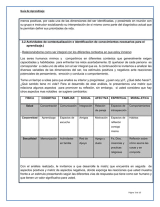 Guía de Aprendizaje
menos positivas, por cada una de las dimensiones del ser identificadas, y preséntelo en reunión con
su grupo e instructor socializando su interpretación de si mismo como parte del diagnóstico actual que
le permitan definir sus prioridades de vida.

3.2 Actividades de contextualización e identificación de conocimientos necesarios para el
aprendizaje.)
- Relacionándome como ser integral con los diferentes contextos en que estoy inmerso:
Los seres humanos vivimos y compartimos en diferentes contextos que generalmente exigen
capacidades y habilidades para enfrentar los retos acertadamente. El quehacer de cada persona es
corresponder a cada uno de ellos con el ser integral que es. A continuación le invitamos a analizar las
diversas variables de las dimensiones del ser, los estímulos positivos y negativos ante reacciones
potenciales de pensamiento, emoción y conducta o comportamiento.
Tome un tiempo a solas para que analice su interior y pregúntese: ¿quien soy yo?, ¿Qué debo hacer?,
¿Qué sentido tiene mi vida? Para el desarrollo de este análisis, le presentamos una matriz que
relaciona algunos aspectos para promover su reflexión, sin embargo, si usted considera que hay
otros aspectos mas notables se sugiere cambiarlos:
FISICA

COGNITIVA

FAMILIAR

SOCIAL

Salud

Concentración

Comunicación

Integración

Aprendizaje

Espacios de

Amigos

ESPIRITUAL

MORAL-ETICA

Relación

Espacios de

Comportamientos

de pareja
Corporeidad

AFECTIVA

introspección

Motivación

Espacios de

Hábitos

reflexión

escucha

consigo
mismo
Sexualidad

Actividades

Red de

Apego y

Fe, Dios,

Reflexión sobre

en familia

Apoyo

duelo

creencias y

cómo asume las

practicas

cosas y se

religiosas

Memorización

comporta

Con el análisis realizado, le invitamos a que desarrolle la matriz que encuentra en seguida de
aspectos positivos y matriz de aspectos negativos, donde exponga las reacciones que usted muestra
frente a un estimulo presentando según las diferentes vías de respuesta que tiene como ser humano y
que tienen un valor significativo para usted.

Página 3 de 10

 