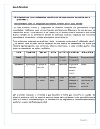 Guía de Aprendizaje

3.2 Actividades de contextualización e identificación de conocimientos necesarios para el
aprendizaje.)
- Relacionándome como ser integral con los diferentes contextos en que estoy inmerso:
Los seres humanos vivimos y compartimos en diferentes contextos que generalmente exigen
capacidades y habilidades para enfrentar los retos acertadamente. Elquehacer de cada persona es
corresponder a cada uno de ellos con el ser integral que es. A continuación le invitamos a analizar las
diversas variables de las dimensiones del ser, los estímulos positivos y negativos ante reacciones
potenciales de pensamiento, emoción y conducta o comportamiento.
Tome un tiempo a solas para que analice su interior y pregúntese: ¿quien soy yo?, ¿Qué debo hacer?,
¿Qué sentido tiene mi vida? Para el desarrollo de este análisis, le presentamos una matriz que
relaciona algunos aspectos para promoversu reflexión, sin embargo, si usted considera que hay otros
aspectos mas notables se sugiere cambiarlos:
FISICA

COGNITIVA

FAMILIAR

SOCIAL

Salud

Concentración

Comunicación

Integración

Aprendizaje

Espacios de

Amigos

ESPIRITUAL

MORAL-ETICA

Relación

Espacios de

Comportamientos

de pareja
Corporeidad

AFECTIVA

introspección

Motivación

Espacios de

Hábitos

reflexión

escucha

consigo
mismo
Sexualidad

Actividades

Red de

Apego y

Fe, Dios,

Reflexión sobre

en familia

Apoyo

duelo

creencias y

cómo asume las

practicas

cosas y se

religiosas

Memorización

comporta

Con el análisis realizado, le invitamos a que desarrolle la matriz que encuentra en seguida de
aspectos positivos y matriz de aspectos negativos, donde exponga las reacciones que usted muestra
frente aun estimulo presentando según las diferentes vías de respuesta que tiene como ser humanoy
que tienen un valor significativo para usted.

Página 3 de 8

 
