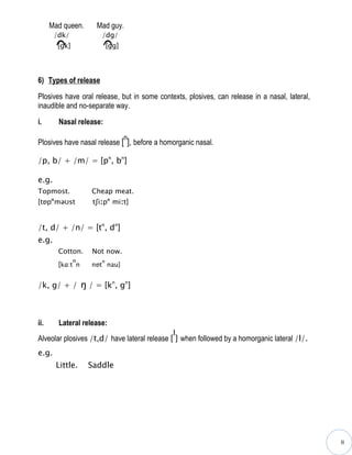 Mad queen.       Mad guy.
       /dk/              /dg/
          [gk]               [gg]




6) Types of release

Plosives have oral release, but in some contexts, plosives, can release in a nasal, lateral,
inaudible and no-separate way.

i.        Nasal release:
                                    n
Plosives have nasal release [ ], before a homorganic nasal.

/p, b/ + /m/ = [pn, bn]

e.g.
Topmost.             Cheap meat.
      n
[tɒp məʊst            tʃiːpn miːt]


/t, d/ + /n/ = [tn, dn]
e.g.
          Cotton.    Not now.
                 n       n
          [kɑ:t n    nɒt nau]


/k, g/ + / ŋ / = [kn, gn]



ii.       Lateral release:
                                             l
Alveolar plosives /t,d/ have lateral release [ ] when followed by a homorganic lateral /l/.
e.g.
          Little.    Saddle




                                                                                               II
 