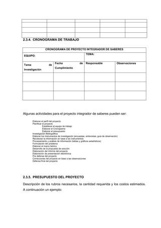 2.3.4. CRONOGRAMA DE TRABAJO
CRONOGRAMA DE PROYECTO INTEGRADOR DE SABERES
EQUIPO:
TEMA:
Tarea de
Investigación
Fecha de
Cumplimiento
Responsable Observaciones
Algunas actividades para el proyecto integrador de saberes pueden ser:
Elaborar el perfil del proyecto
Planificar el proyecto
Establecer el equipo de trabajo
Elaborar el Cronograma
Elaborar el presupuesto
Investigación Bibliográfica
Elaborar los instrumentos de investigación (encuestas, entrevistas, guía de observación)
Recolectar la información en base a los instrumentos
Procesamiento y análisis de información (tablas y gráficos estadísticos)
Formulación del problema
Elaborar el marco teórico
Desarrollo de la propuesta de solución
Elaboración del informe del proyecto
Elaboración de presentación electrónica
Pre defensa del proyecto
Correcciones del proyecto en base a las observaciones
Defensa final del proyecto
2.3.5. PRESUPUESTO DEL PROYECTO
Descripción de los rubros necesarios, la cantidad requerida y los costos estimados.
A continuación un ejemplo:
 