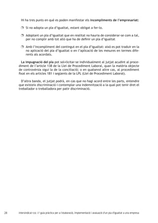 28 intersindical-csc // guia pràctica per a l'elaboració, implementació i avaluació d'un pla d'igualtat a una empresa
Hi ha tres punts en què es poden manifestar els incompliments de l’empresariat:
Si no adopta un pla d’igualtat, estant obligat a fer-lo.uu
Adoptant un pla d’igualtat que en realitat no hauria de considerar-se com a tal,uu
per no complir amb tot allò que ha de definir un pla d’igualtat
Amb l’incompliment del contingut en el pla d’igualtat: això es pot traduir en lauu
no aplicació del pla d’igualtat o en l’aplicació de les mesures en termes dife-
rents als acordats.
La impugnació del pla pot sol•licitar-se individualment al jutjat acudint al proce-
diment de l’article 138 de la Llei de Procediment Laboral, quan la matèria objecte
de controvèrsia sigui la de la conciliació; o en qualsevol altre cas, al procediment
fixat en els articles 181 i següents de la LPL (Llei de Procediment Laboral).
D’altra banda, el jutjat podrà, en cas que no hagi acord entre les parts, entendre
que existeix discriminació i contemplar una indemnització a la qual pot tenir dret el
treballador o treballadora per patir discriminació.
 