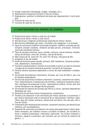 36 intersindical-csc // guia pràctica per a l'elaboració, implementació i avaluació d'un pla d'igualtat a una empresa
Imatge corporativa (llenguatge, imatge, missatges, etc.).uu
Departaments d'empresa (incloent-hi tots els nivells).uu
Organigrama: analitzar la distribució de dones per departaments i nivell jeràr-uu
quic.
Funcions de cada secció.uu
Funcions de cada lloc de secció.uu
1.2 CARACTERÍSTIQUES DEL PERSONAL DE L’EMPRESA
Proporció de dones i homes a cada lloc de treball.uu
Proporció de dones i homes a cada secció.uu
Distribució per categories professionals (especificant homes i dones).uu
Retribucions (detallades per sexes, vinculada a les categories i a la jornada).uu
Tipus de contractes (indefinit/da jornada completa, indefinit/a jornada parcial,uu
temporal jornada completa, temporal jornada parcial, pràctiques, formació,
contractes bonificats/motius).
Tipus de jornada (contínua, torns, partida, nocturna, cap de setmana, flexible,uu
menys de 20 hores, entre 20 i 35 hores, més de 40 hores).
Edat (menys de 25, entre 25 i 35, entre 35 i 50 anys, més grans de 50).uu
Antiguitat al lloc de treball.uu
Nivell de formació (sense estudis, primaris, ESO, batxillerat, formació professi-uu
onal, diplomatura, llicenciatura).
Formació complementària, incloent-hi el període en què es va rebre la formacióuu
i l'origen de la iniciativa (formació personal i iniciativa de l'empresa).
Situació familiar (persones dependents a càrrec de cada treballador o treballa-uu
dora).
Sol•licituds d'excedències (voluntàries, forçoses, per cura de filles/s, per curauu
de familiars dependents).
Sol•licituds de permisos retribuïts (matrimoni, lactància, naixement de nadons,uu
mort, hospitalització o malaltia greu de familiars, realització d'exàmens prena-
tals i tècniques de preparació al part, representació sindical, formar part d'un
comitè d'empresa o ser delegat/da de personal).
Sol•licituds de reducció de jornada (per fills/es a càrrec, persones dependents)uu
detallades per sexe.
Moviments de personal (noves incorporacions, cessaments).uu
Trasllats (cal comprovar si són sol•licitats per motius associats a la promoció, ouu
per motius relacionats amb la conciliació de la vida personal i familiar). Espe-
cificar àrea del trasllat (comarca, demarcació territorial, fora del país, dins o
fora de l'Estat).
Cessaments (per finalització de contracte, cessament voluntari, por defunció,peruu
jubilació, per acomiadament).
Suspensió de contractes (cal observar els motius pels quals homes i dones aban-uu
donen l'empresa, per malaltia comuna o accident no laboral, per accident la-
boral o malaltia professional, maternitat, paternitat, risc durant l'embaràs o
lactància, adopció o acolliment, per formació, per ser víctima de violència de
gènere...).
 
