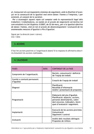 57intersindical-csc // guia pràctica per a l'elaboració, implementació i avaluació d'un pla d'igualtat a una empresa
3. ACCIONS
4. CALENDARI
al, instaurant els corresponents sistemes de seguiment, amb la finalitat d’avan-
çar en la consecució de la igualtat real entre dones i homes a l’empresa, i per
extensió, al conjunt de la societat.
Per a aconseguir aquest repte cal comptar amb la representació legal dels
treballors i treballadores, no només en el procés de negociació col•lectiva tal
com estableix la Llei Orgànica 3/2007, de 22 de març, per a la igualtat efectiva
de dones i homes, sinó en tot el procés de desenvolupament i avaluació de les
anomenades mesures d’igualtat o Pla d’igualtat.
Signat per la direcció (nom i càrrec)
Lloc i data
S’han fet accions positives a l’organització abans? Si la resposta és afirmativa descri-
viu breument les accions realitzades.
FASES DATA CONTINGUT DE LA FASE
Compromís de l’organització.
Decisió, comunicació i definició
de l’equip de treball.
Comitè o comissió permanent
d’igualtat
Creació de l’equip de treball
Diagnosi	
Planificació
Recollida d’informació
Anàlisi i presentació de propostes
Programació
Elaboració del pla d’igualtat.
Planificació: objectiu, accions,
persones destinatàries, calen-
dari,recursos, indicadors, tècni-
ques d’avaluació i seguiment.
Implantació	
Execució de les accions previstes
Comunicació
Seguiment i control
Avaluació
Anàlisi dels resultats obtinguts
Propostes de millora
 