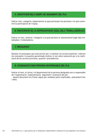 58 intersindical-csc // guia pràctica per a l'elaboració, implementació i avaluació d'un pla d'igualtat a una empresa
5. CONSTITUCIÓ DELS EQUIPS DE SEGUIMENT DEL PLA
6. PARTICIPACIÓ DE LA REPRESENTACIÓ LEGAL DELS TREBALLADORS/ES
7. PRESSUPOST
8. ASSIGNACIÓ D’UNA PERSONA RESPONSABLE DEL PLA
Indicar nom, categoria i departament al qual pertanyen les persones i en què consis-
tirà la participació de l’equip.
Indicar el nom, sindicat i categoria a la qual pertany la representació legal dels tre-
balladors i treballadores.
Detallar el pressupost que està previst per a realitzar les accions positives, indicant
els conceptes i la quantia aproximada (indicar si van rebre subvenció per a la realit-
zació de les accions previstes, quantia i procedència).
Indicar el nom, el càrrec i el departament de la persona designada com a responsable
de l’organització, implementació, seguiment i avaluació del pla.
Aquest document ha d’estar signat per ambdues parts implicades, assenyalant lloc
i data.
 