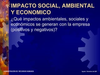 ADMINISTRACIÓN DE RECURSOS HUMANOS Agosto - Diciembre del 2001
IMPACTO SOCIAL, AMBIENTAL
Y ECONOMICO
¿Qué impactos ambientales, sociales y
económicos se generan con la empresa
(positivos y negativos)?
 
