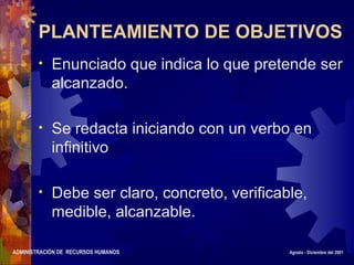 ADMINISTRACIÓN DE RECURSOS HUMANOS Agosto - Diciembre del 2001
PLANTEAMIENTO DE OBJETIVOS
• Enunciado que indica lo que pretende ser
alcanzado.
• Se redacta iniciando con un verbo en
infinitivo
• Debe ser claro, concreto, verificable,
medible, alcanzable.
 