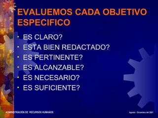 ADMINISTRACIÓN DE RECURSOS HUMANOS Agosto - Diciembre del 2001
EVALUEMOS CADA OBJETIVO
ESPECIFICO
• ES CLARO?
• ESTA BIEN REDACTADO?
• ES PERTINENTE?
• ES ALCANZABLE?
• ES NECESARIO?
• ES SUFICIENTE?
 