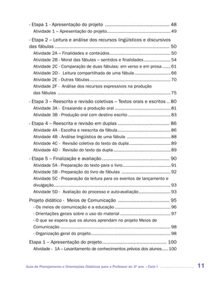 - Etapa 1 - Apresentação do projeto ............................................. 48
    Atividade 1 – Apresentação do projeto................................................ 49
 - Etapa 2 – Leitura e análise dos recursos lingüísticos e discursivos
 das fábulas ................................................................................ 50
    Atividade 2A – Finalidades e conteúdos .............................................. 50
    Atividade 2B - Moral das fábulas – sentidos e finalidades .................... 54
    Atividade 2C - Comparação de duas fábulas: em verso e em prosa ...... 61
    Atividade 2D - Leitura compartilhada de uma fábula ........................... 66
    Atividade 2E - Outras fábulas ............................................................. 70
    Atividade 2F - Análise dos recursos expressivos na produção
    das fábulas ..................................................................................... 75
 - Etapa 3 – Reescrita e revisão coletivas – Textos orais e escritos .. 80
    Atividade 3A - Ensaiando a produção oral .......................................... 81
    Atividade 3B - Produção oral com destino escrito ................................ 83
 - Etapa 4 – Reescrita e revisão em duplas .................................... 86
    Atividade 4A - Escolha e reescrita da fábula ........................................ 86
    Atividade 4B - Análise lingüística de uma fábula ................................. 88
    Atividade 4C - Revisão coletiva do texto da dupla ............................... 89
    Atividade 4D - Revisão do texto da dupla ........................................... 89
 - Etapa 5 – Finalização e avaliação ............................................... 90
    Atividade 5A - Preparação do texto para o livro .................................... 91
    Atividade 5B - Preparação do livro de fábulas ..................................... 92
    Atividade 5C - Preparação da leitura para os eventos de lançamento e
    divulgação ........................................................................................ 93
    Atividade 5D - Avaliação do processo e auto-avaliação ........................ 93
 Projeto didático - Meios de Comunicação .................................... 95
    - Os meios de comunicação e a educação .......................................... 96
    - Orientações gerais sobre o uso do material ...................................... 97
    - O que se espera que os alunos aprendam no projeto Meios de
    Comunicação ................................................................................... 98
    - Organização geral do projeto ............................................................ 98
 Etapa 1 – Apresentação do projeto ............................................. 100
    Atividade - 1A – Levantamento de conhecimentos prévios dos alunos ..... 100


Guia de Planejamento e Orientações Didáticas para o Professor do 3O ano – Ciclo I                            11
 